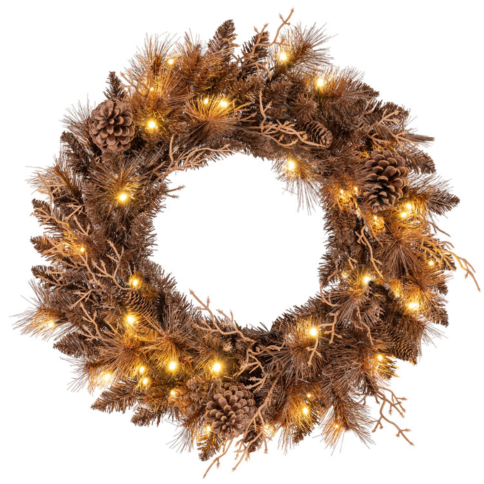 SUGIFT Brown 24-in Pre-Lit Christmas Wreath with 35 Warm White LED Lights 105 Branch Tips and 6 Pine Cones