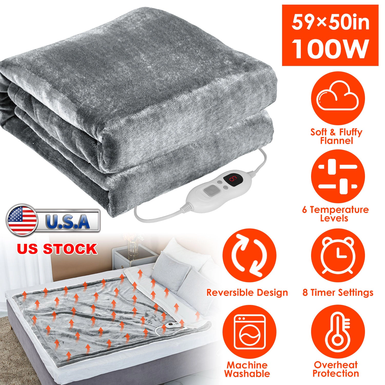 GBruno Flannel Electric Heated Throw Blanket 50x59 In