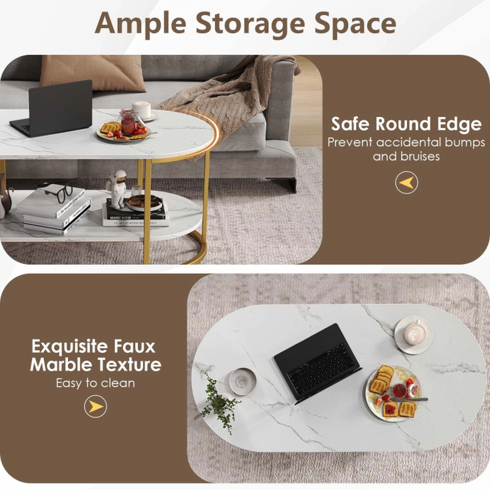 SUGIFT 2-Tier Faux Marble Top Gold Metal Frame Oval Coffee Table 39.5-in x 19.5-in x 18-in 88-lb Capacity White