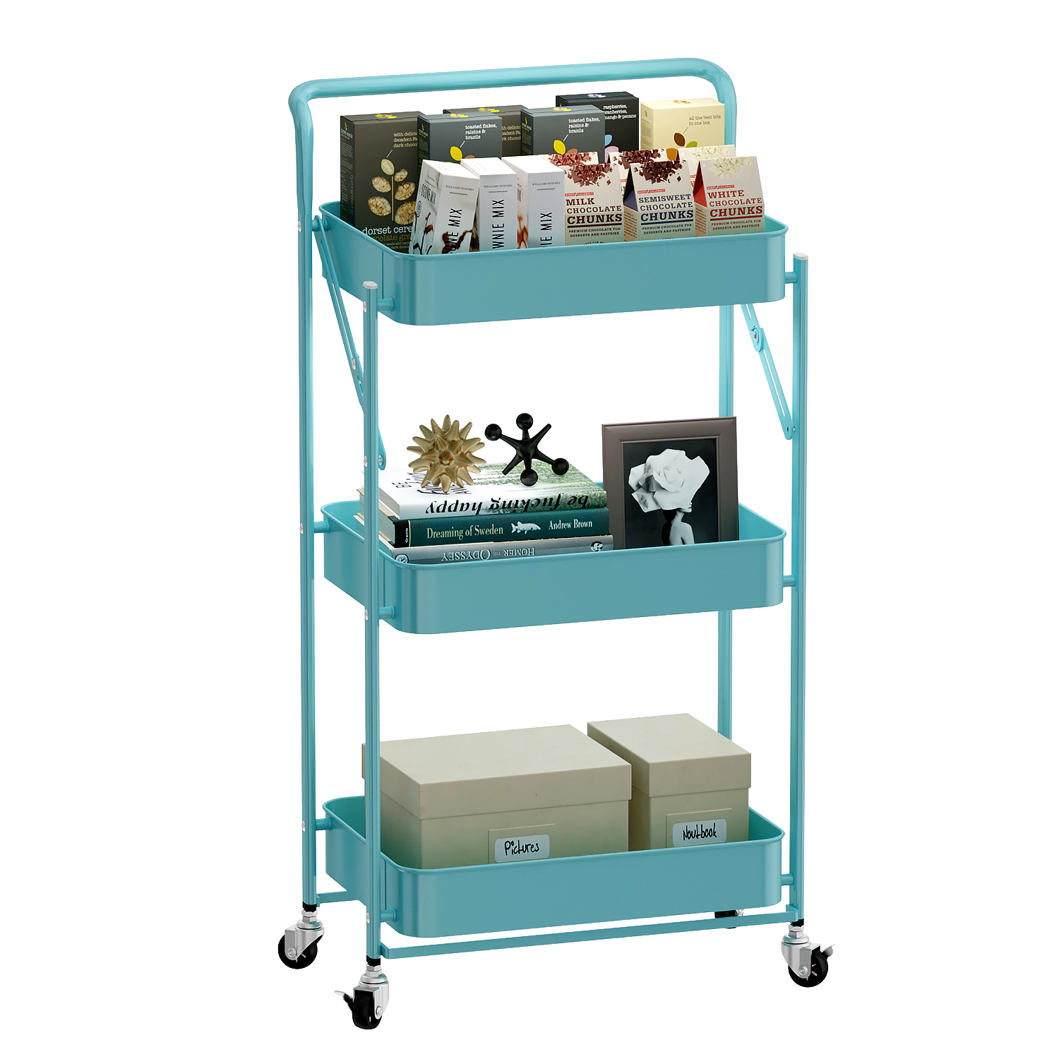 Mega Casa Foldable Rolling Cart 3-Tier Utility Storage Multifunctional Metal Bin Organizer Carts