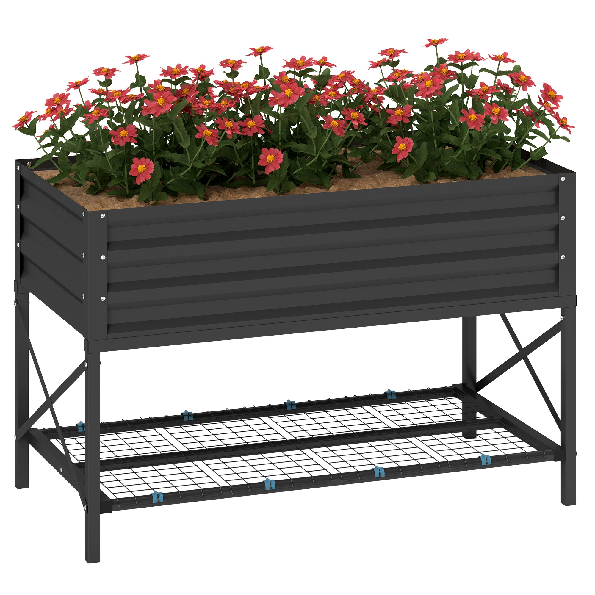 HONGGE Galvanized Raised Garden Bed, Metal Planter Box with Legs, Storage Shelf and Bed Liner