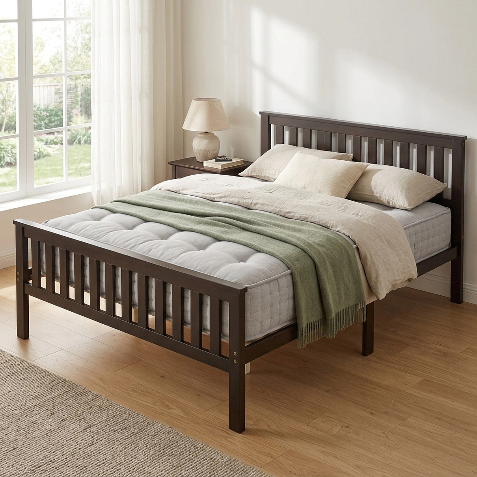 SUGIFT Queen Wood Platform Bed Frame with Panel Headboard, Espresso