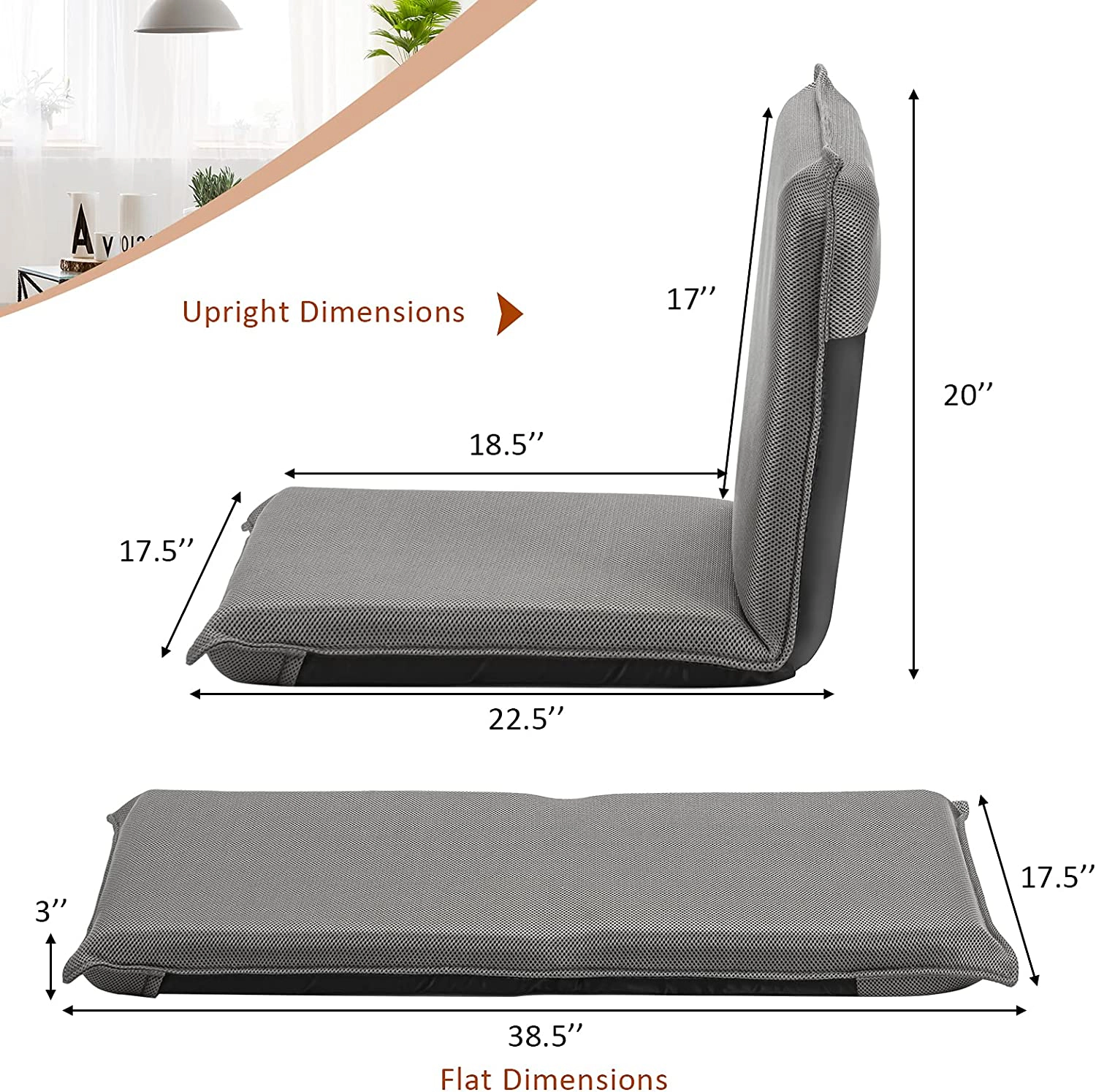 SUGIFT 6-Position Breathable Mesh Padded Folding Floor Sofa Chair 39.5-in x 18-in x 3-in 287-lb Capacity Gray