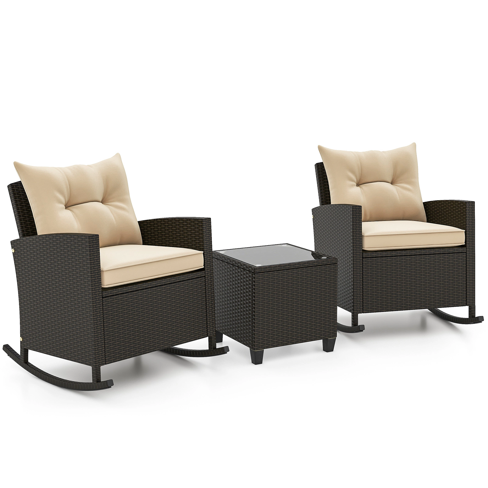 LJG Patio Rattan Rocker Chairs with Tempered Glass Table and Soft Cushions