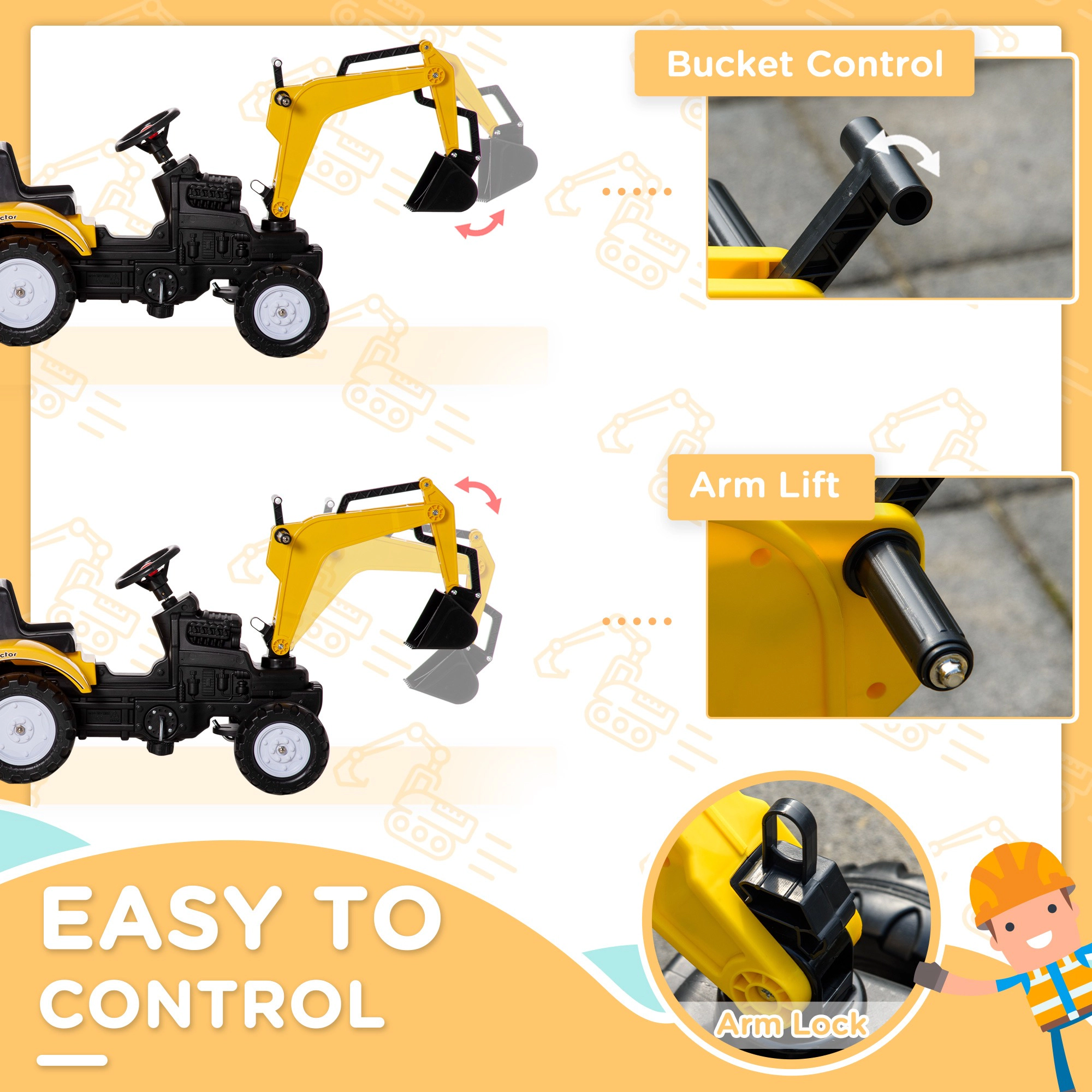 HONGGE Yellow Pedal Ride-On Excavator Digger Truck for Kids with Detachable Trailer, Ages 3-6, Holds up to 77 lbs