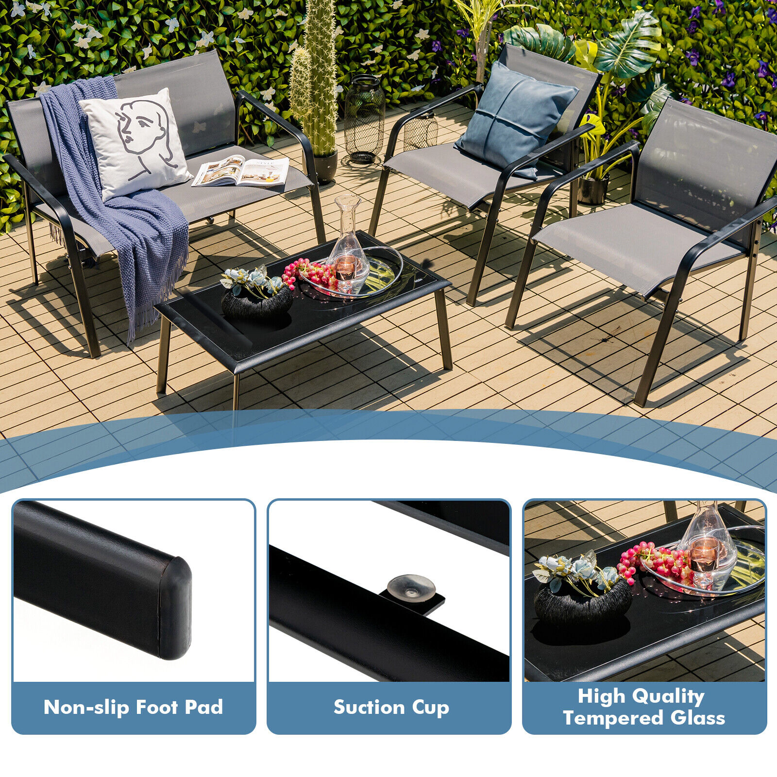 SUGIFT Gray Loveseat and Tempered Glass Table 4-Piece Patio Sling Fabric Sofa Set
