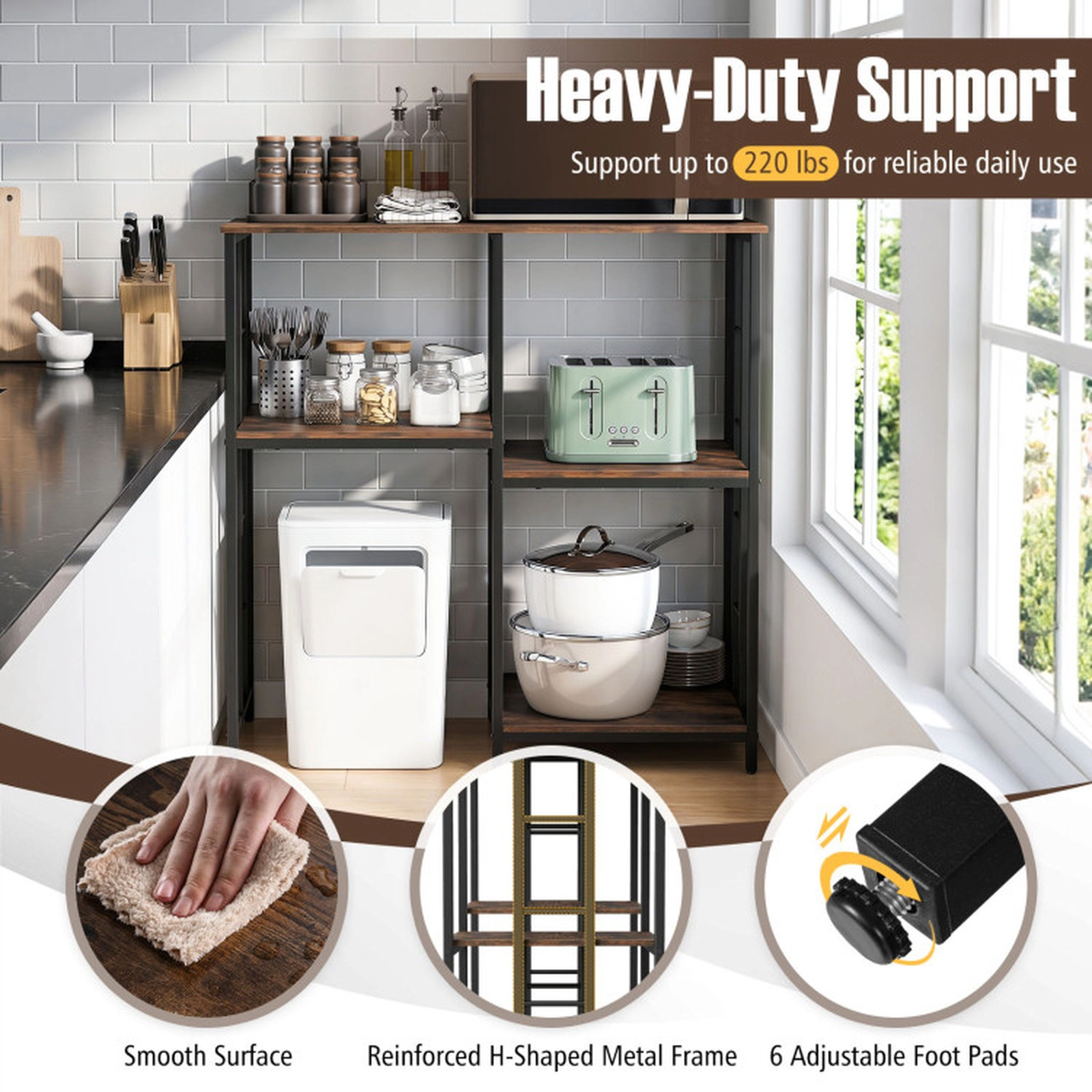 SUGIFT 4-Tier 220-lb Capacity Heavy-Duty Kitchen Bakers Rack Storage Shelf with Robot Vacuum Bay