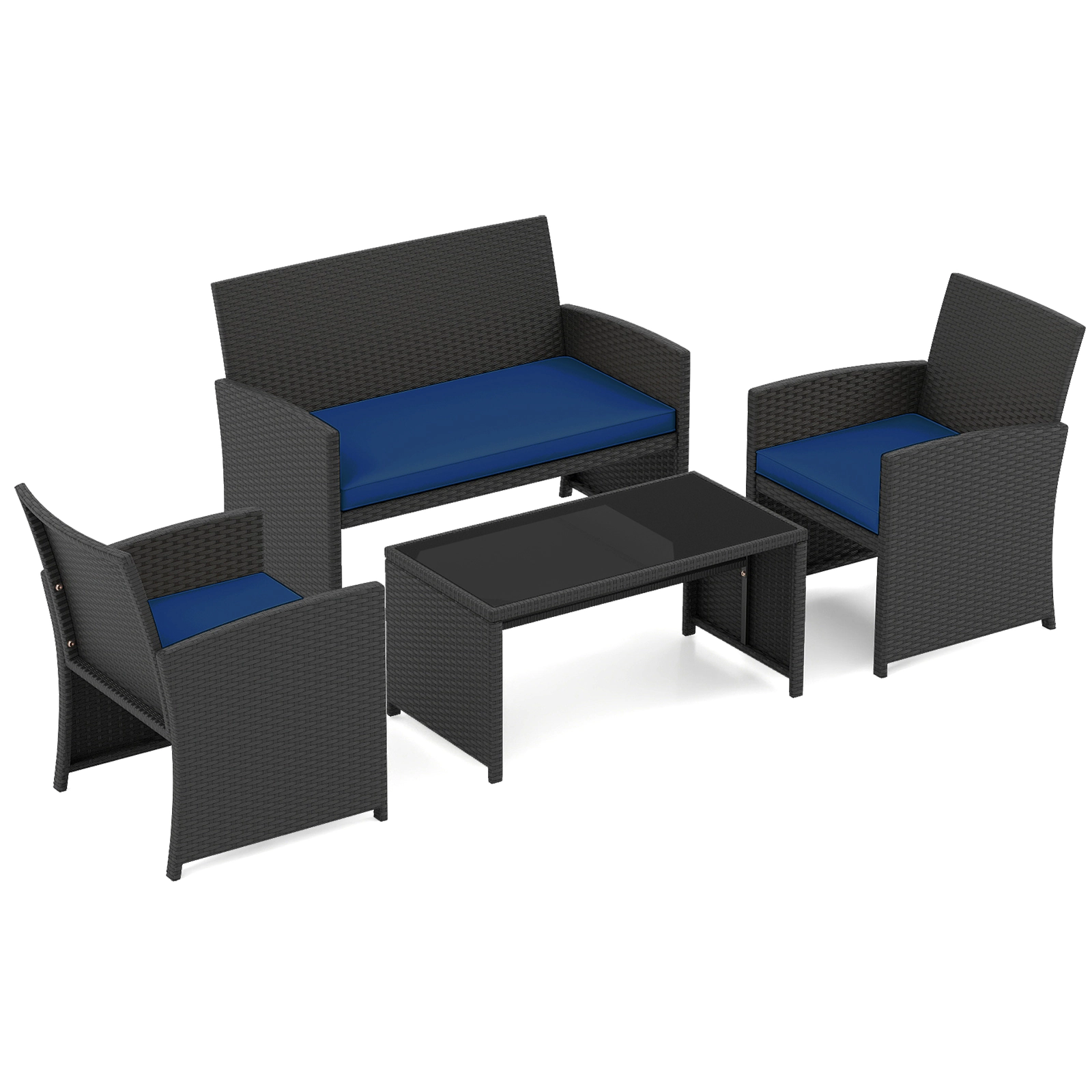 SUGIFT 4-Piece Rattan Patio Conversation Set with Tempered Glass Tabletop 400-800-lb Capacity Navy Cushions