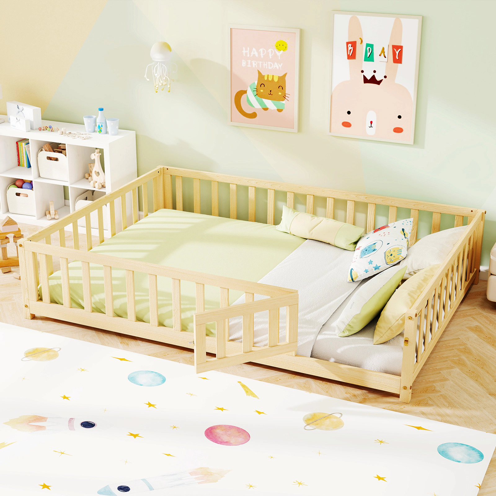 SUGIFT Natural Full-Length Guardrails Safety Door and Latch 330-lb Full Kids Montessori Bed Frame