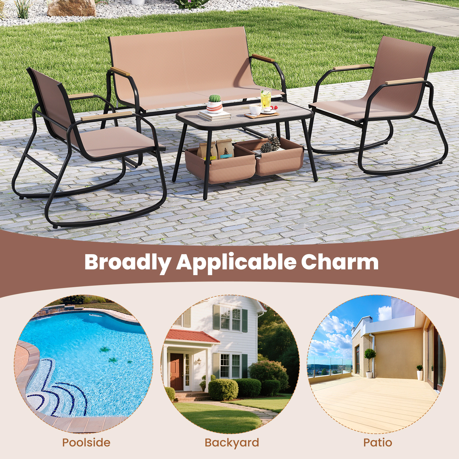 LJG 4 Pieces Patio Furniture Set with Rocking Bistro Chairs and Breathable Mesh Fabric