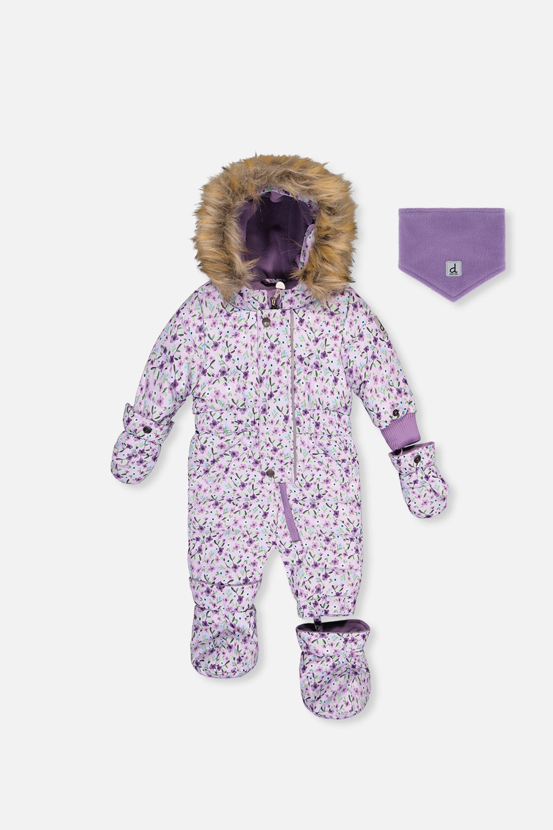 Deux par Girls Original Mini Flower Print One Piece Puffy Snowsuit with Removable Mittens and Boots