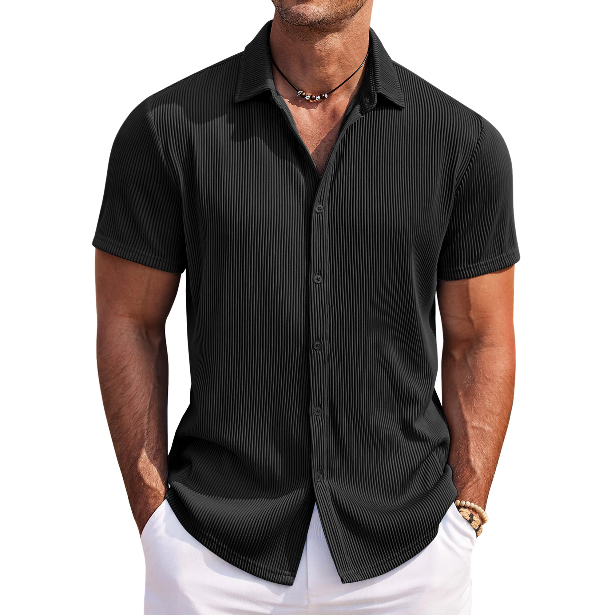 COOFANDY Mens Casual Pleated Short Sleeve Shirts Lapel Collar Button Down Tops