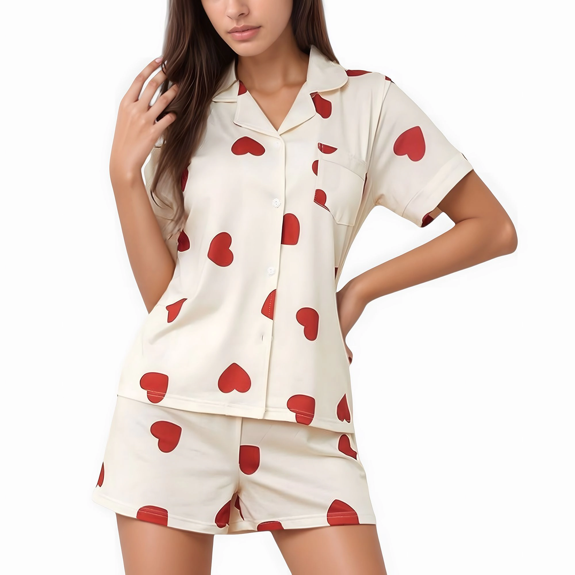 Anna-Kaci Women's Heart Print Short Sleeve Valentine Pajama Set with Chest Pocket and Button Down Top