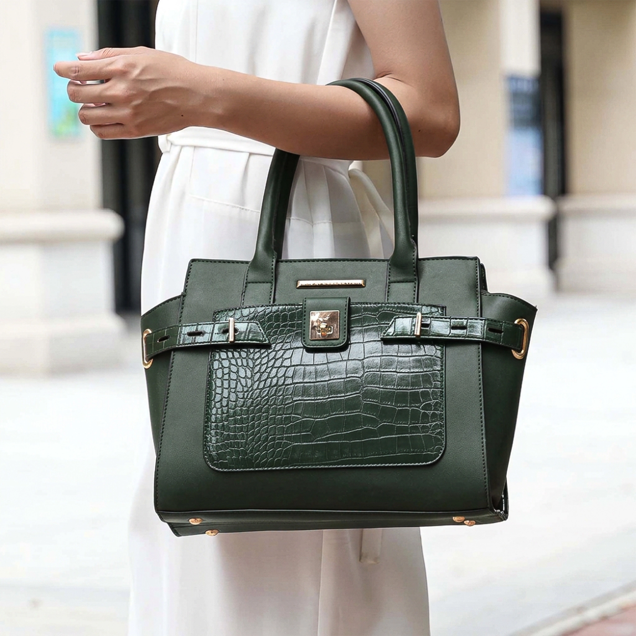 Mia K Collection Isla Satchel Bag - Vegan Leather with Croc-Embossed Detail and Matching Wallet