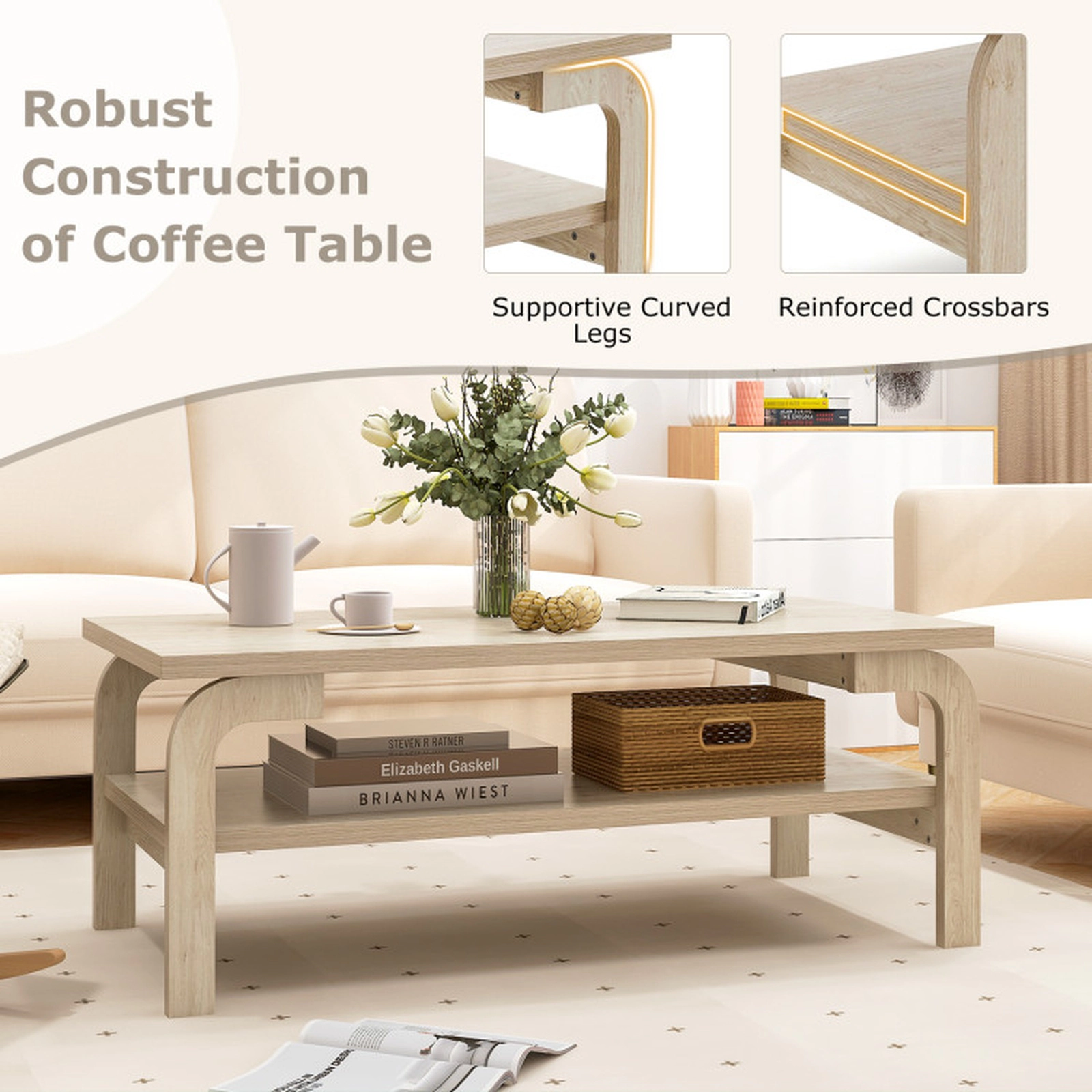SUGIFT 2-Tier Curved Legs 1.2-in Thick Top Mid Century Coffee Table 47-in x 24-in x 18-in 165-lb Capacity Natural
