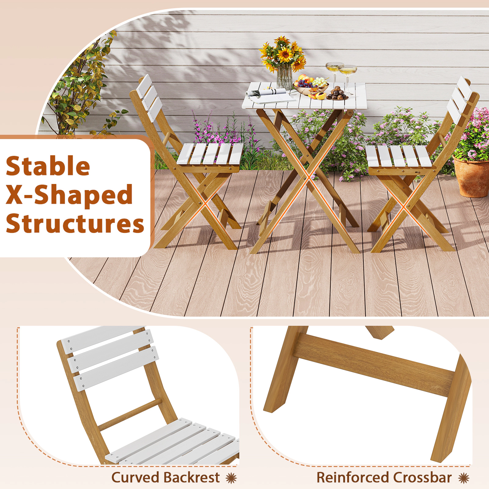 Hivvago 3 Piece Folding Patio Bistro Set With Foldable Design Acacia Wood Porch Chairs And Square Table