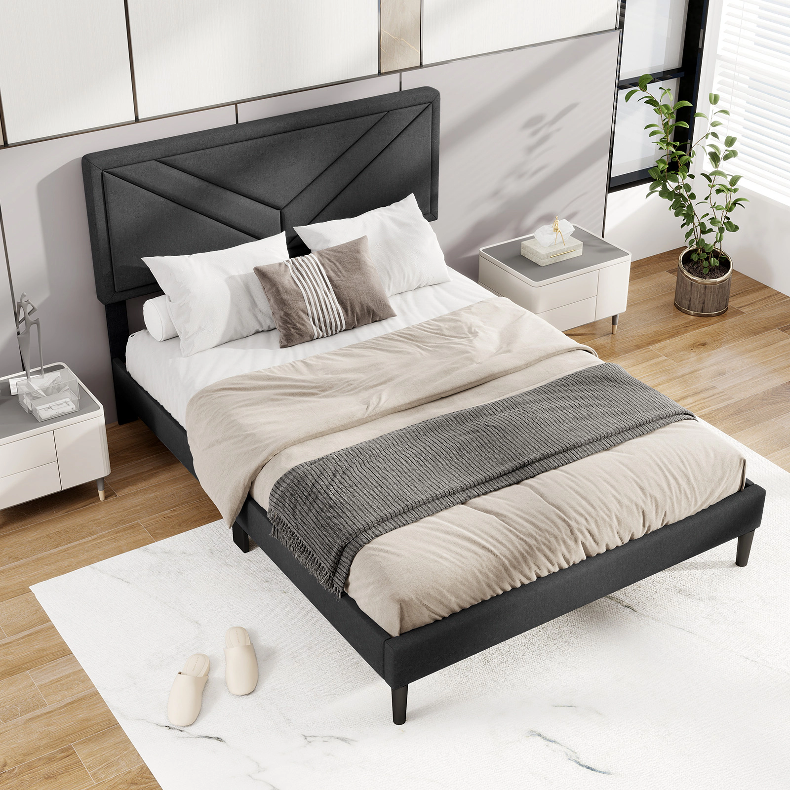 LJG Upholstered Platform Bed with Tufted Headboard and