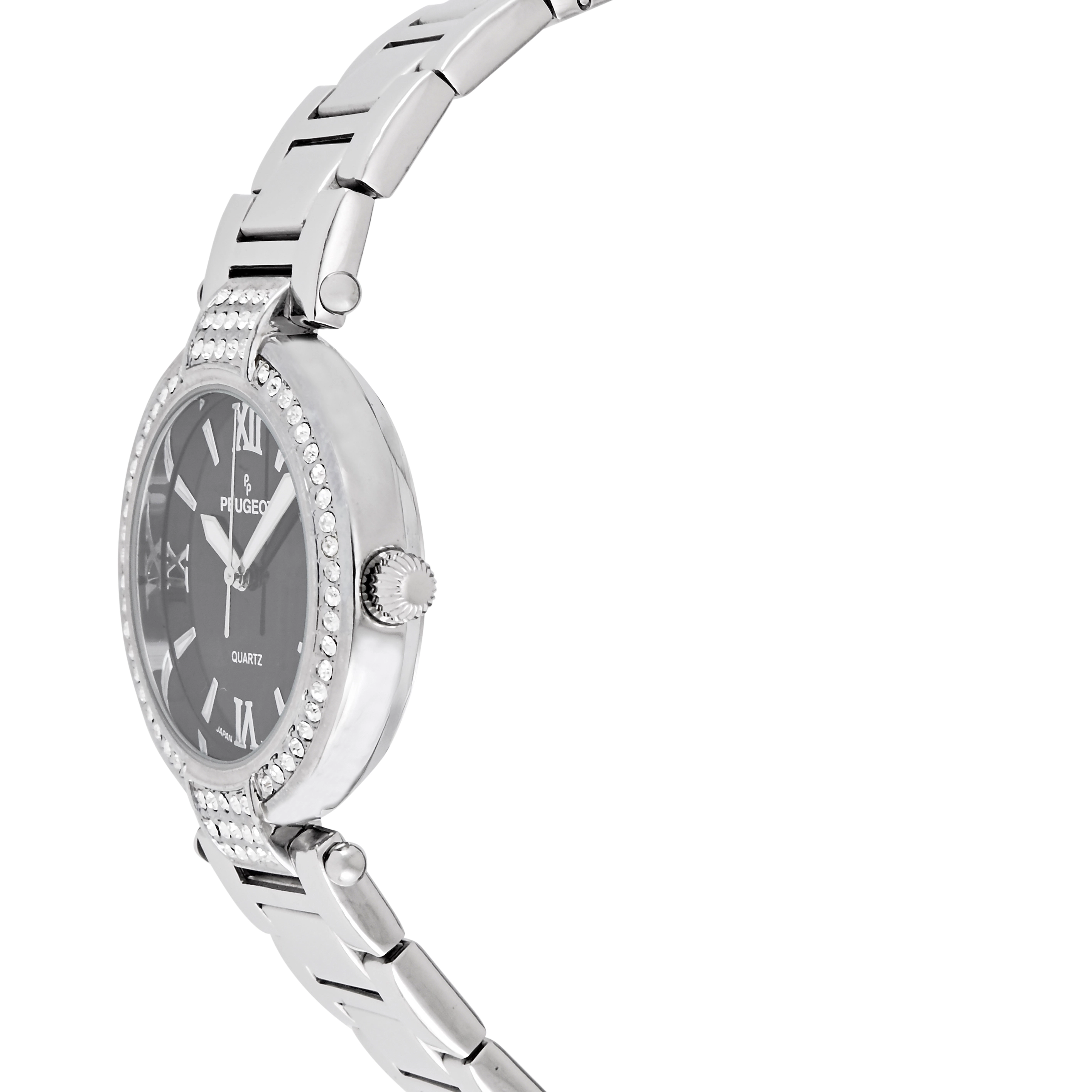 Peugeot Women 38mm Silver Bracelet Watch Black Dial With Crystal Bezel