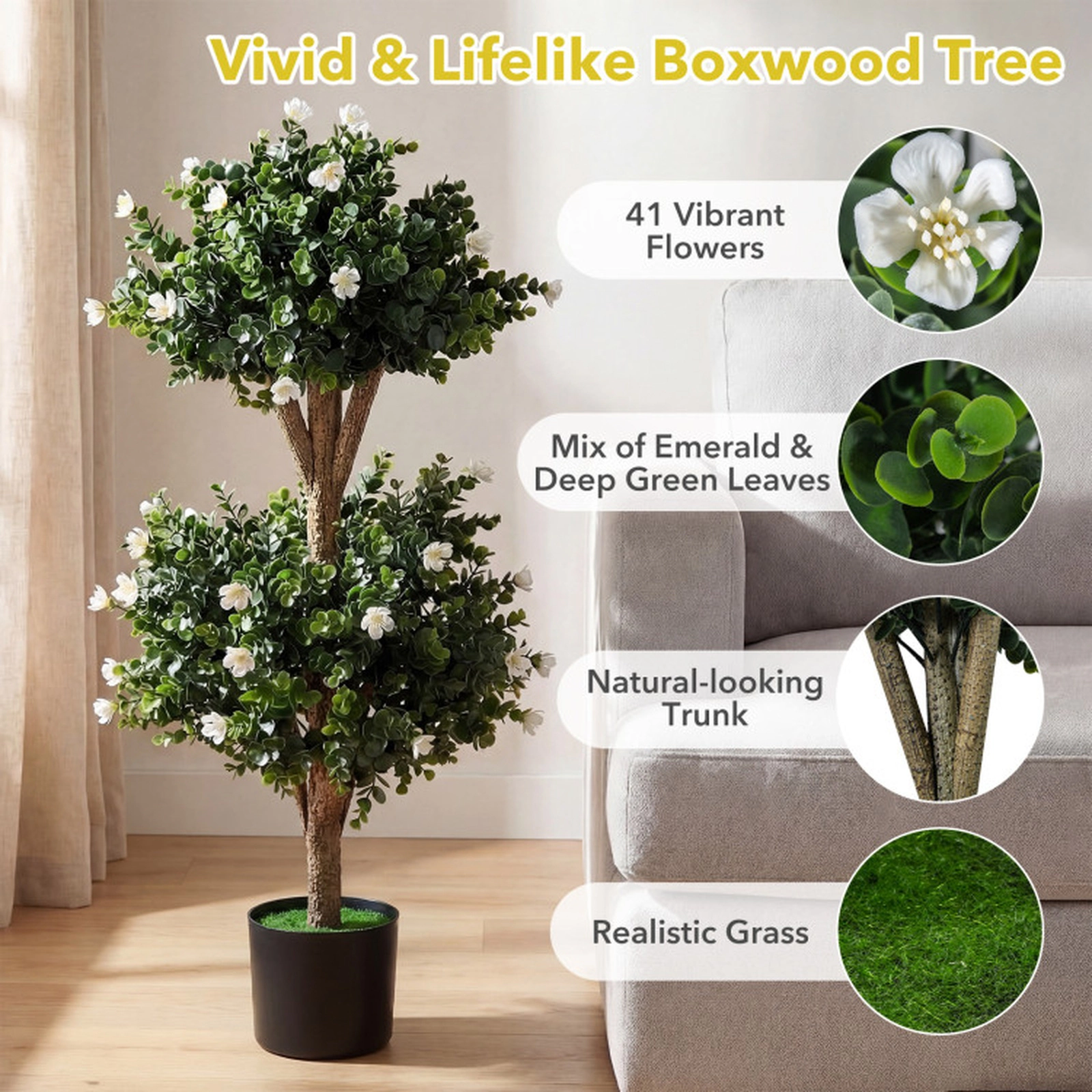 SUGIFT Set of 2 36-in Artificial Double Ball Boxwood Topiary Trees with 41 White Blossoms and Pots