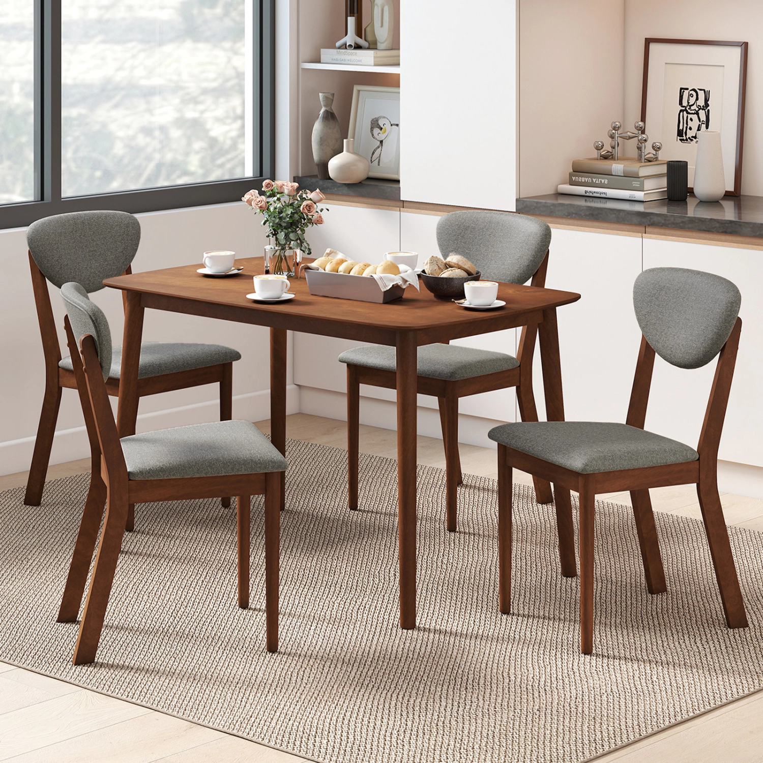 LJG 5-Piece Dining Set for 4 with Rectangular Table & Fabric Chairs for Living Room