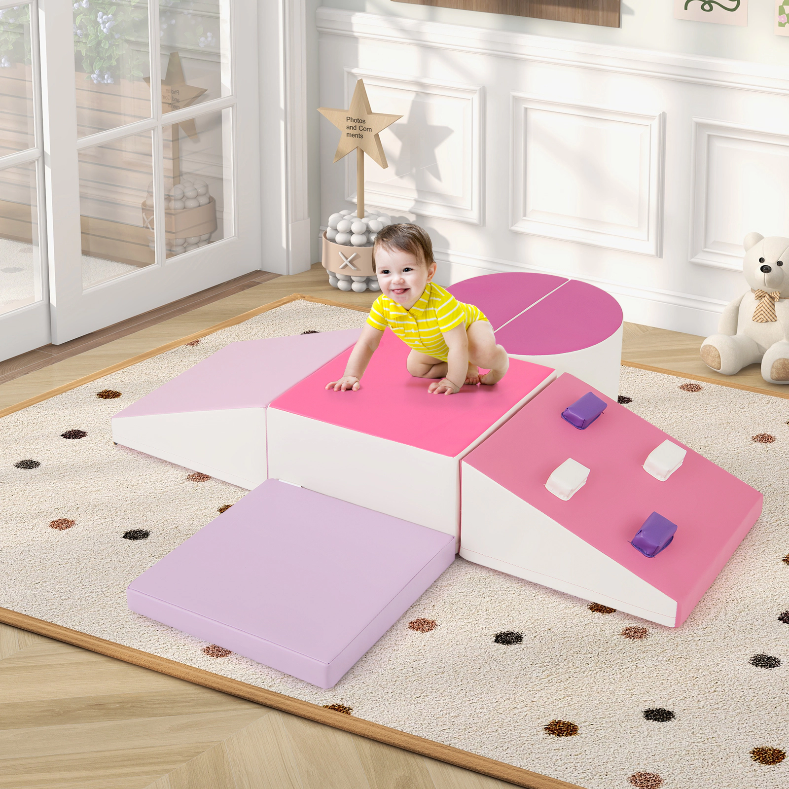 6-Piece Soft Play Set Baby Climbing Toys Climbing Triangle Grip Rocks Ramp Half Cylinders Pink Foam Blocks