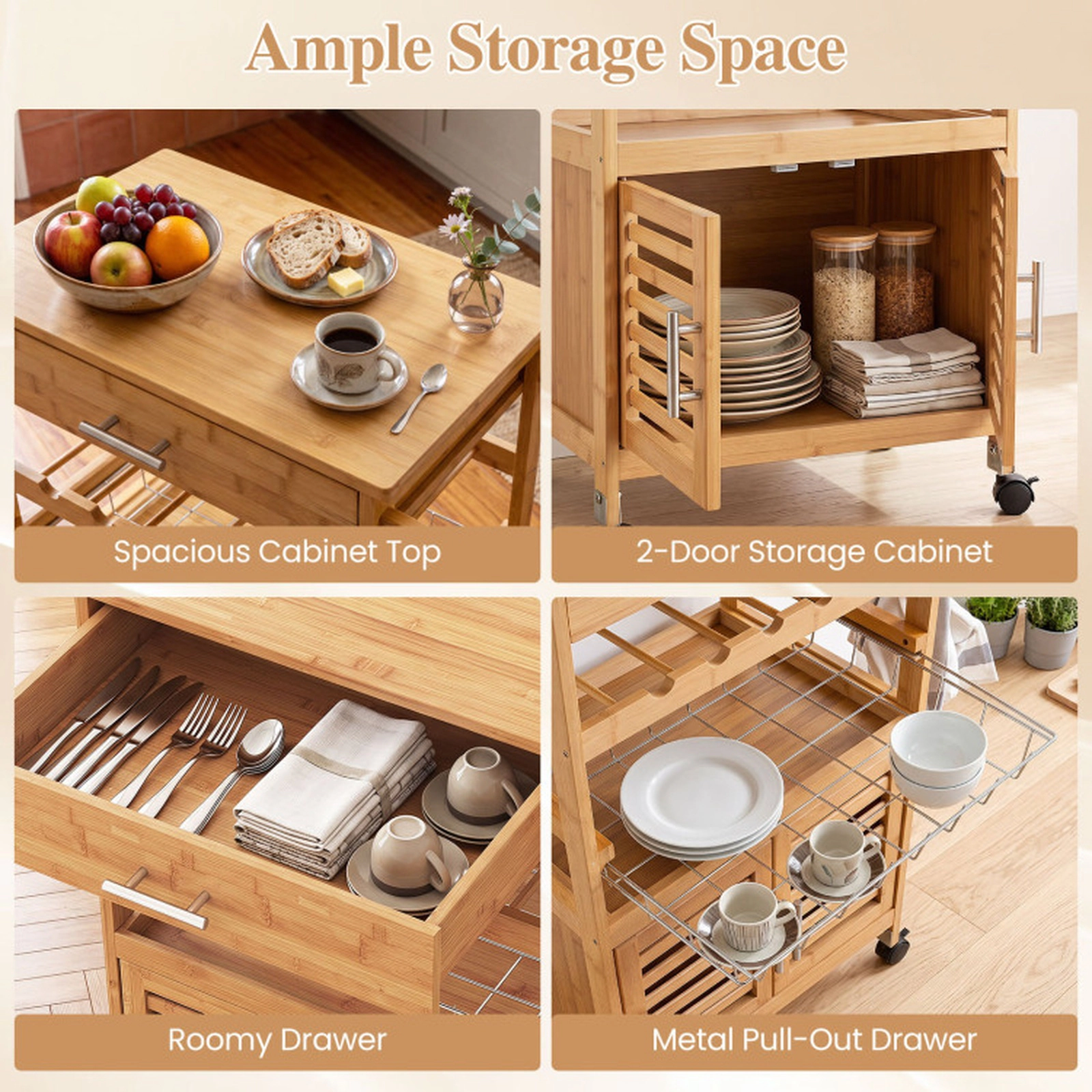 SUGIFT Bamboo Rolling Kitchen Island Trolley Cabinet Drawer Wine Rack 66-lb Top Capacity 27 x 14.5 x 35-in Natural