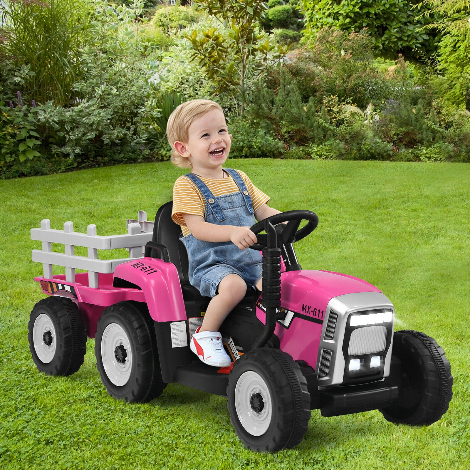 12V Kids Ride On Tractor Detachable Trailer 3-Gear Shift Handle 2.4G Parent Remote LED Headlights Ages 3+ Pink