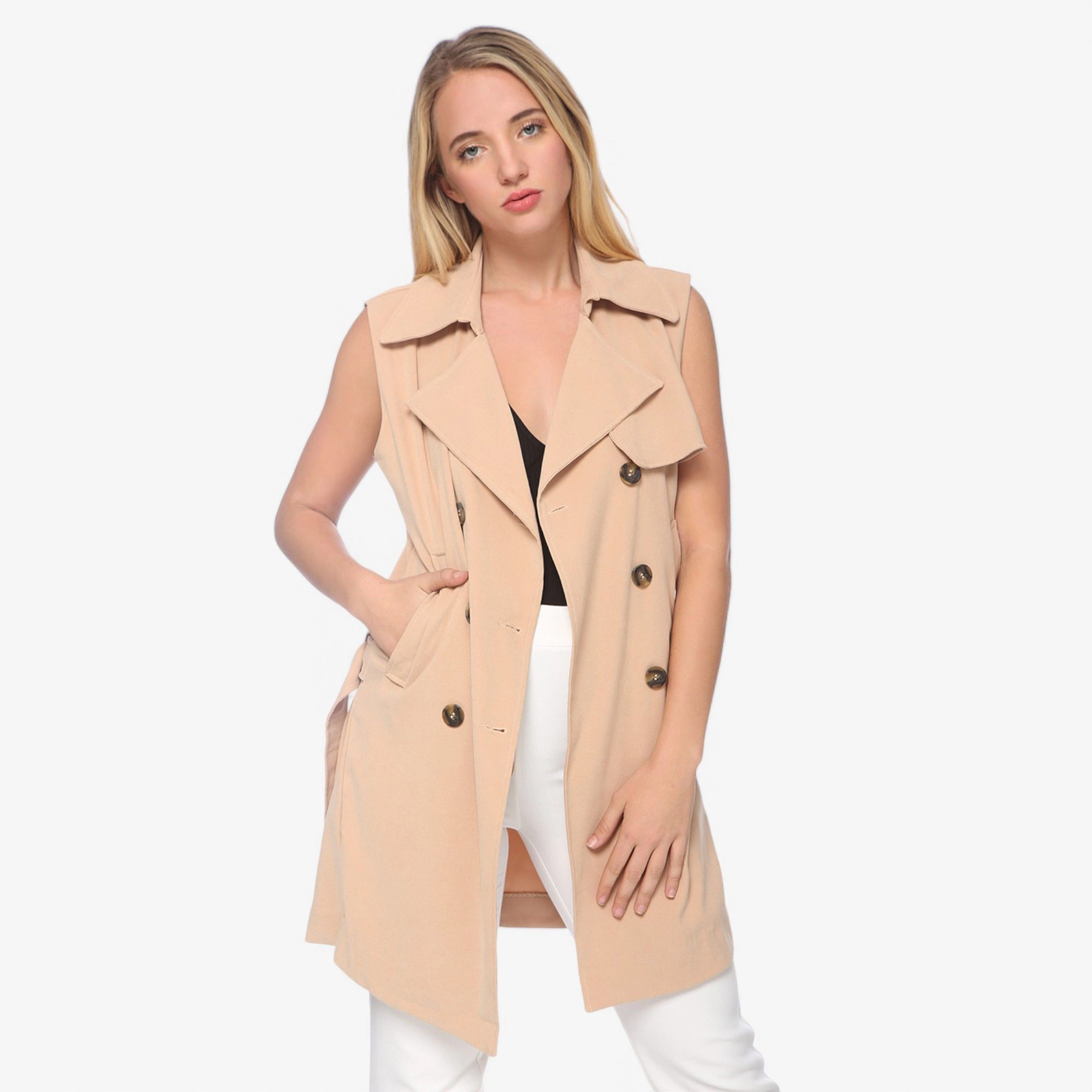 Anna-Kaci Women's Sleeveless Trench Coat with Button Front and Pocket Detail