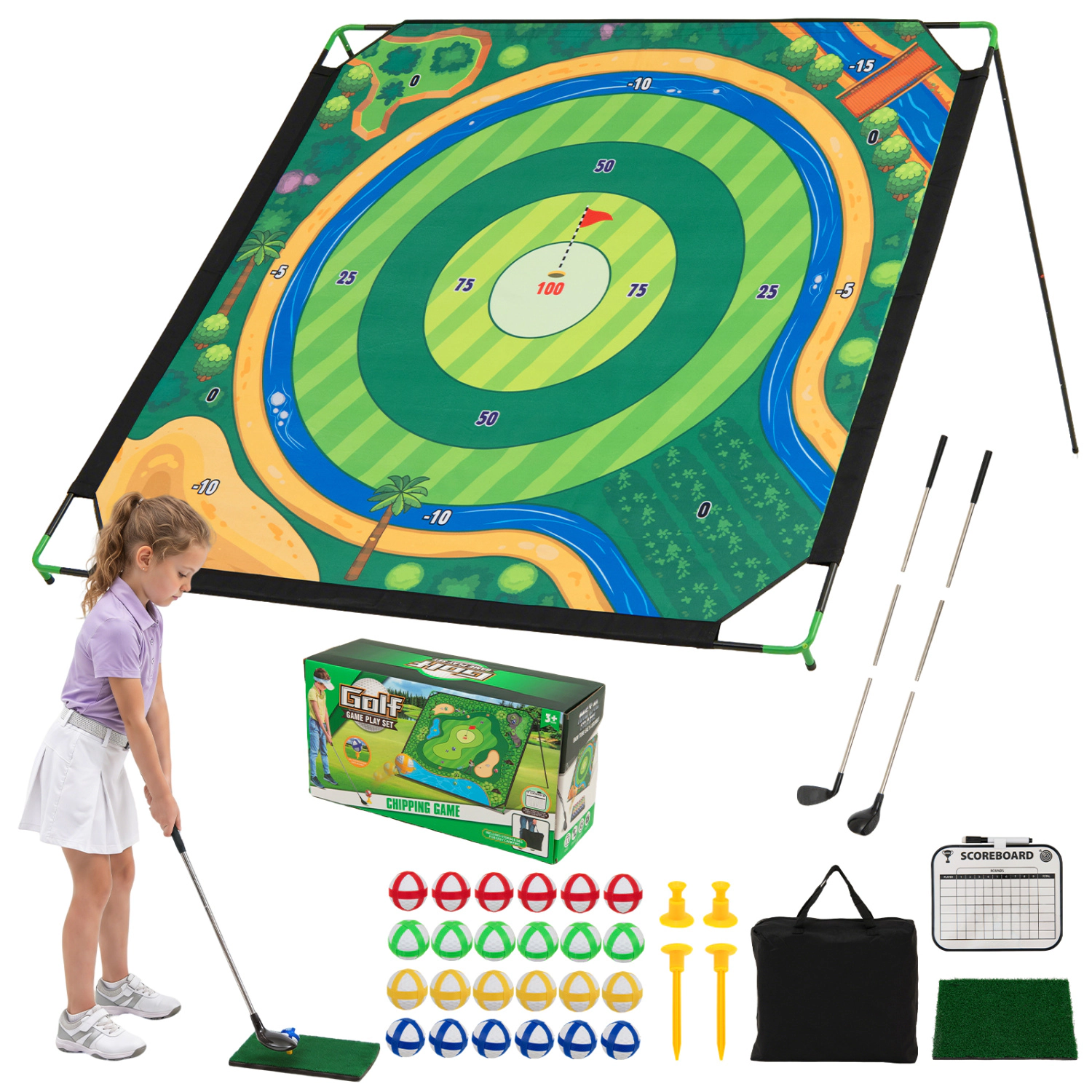 LJG 71 x 71 Inches Golf Chipping Game Set with 2 Adjustable Clubs