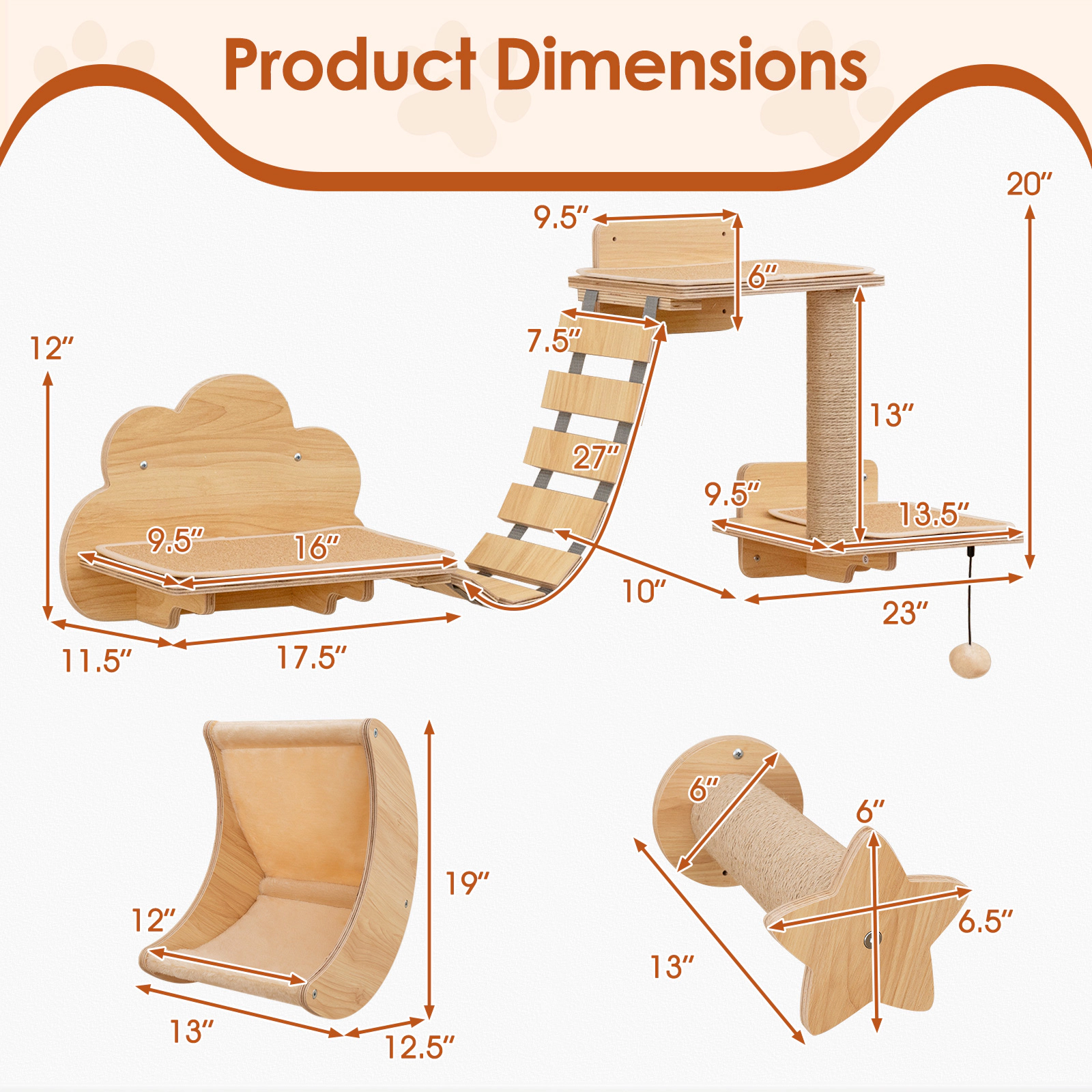 SUGIFT Wall-Mounted Cat Trees Shelves Set with Hammock 22-lb Capacity Beige
