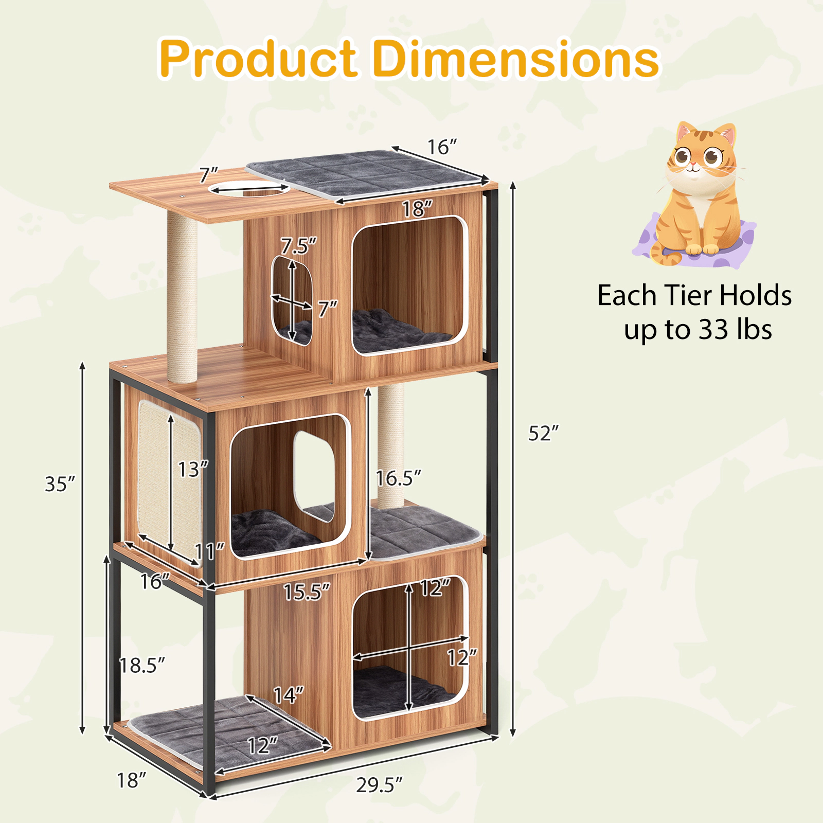 SUGIFT 52-in Cat Tree with 3 Condos Metal Frame Oversized Perches Sisal Posts and 12-in Entry for Big Cats