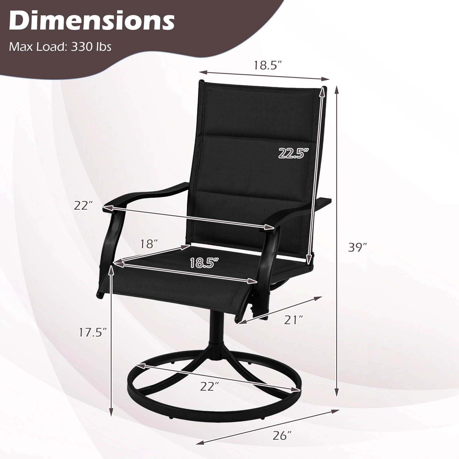 SUGIFT Padded Patio Swivel Rocking Dining Chairs Set of 2 with Ergonomic High Back 330-lb Capacity Black