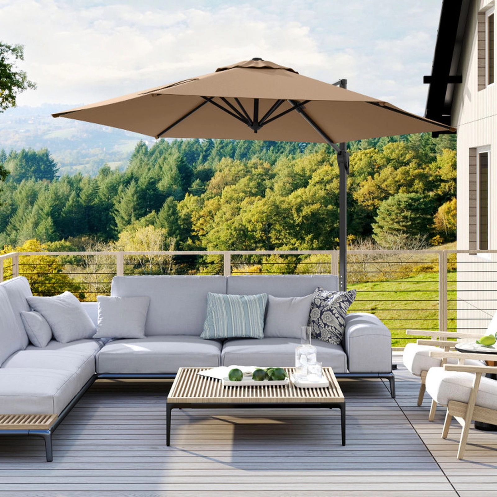 SUGIFT Vented Cantilever Patio Umbrella with Sun-Protective Canopy 9-ft Canopy Brown