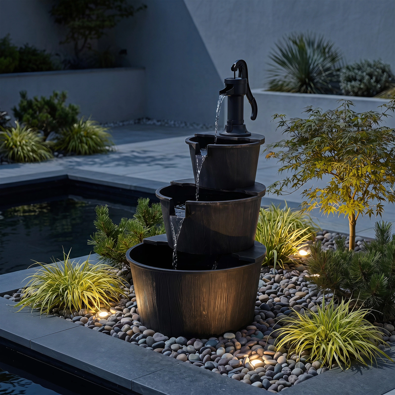 SUGIFT 3-Tier 37-in Outdoor Waterfall Barrel Water Fountain with Electric Pump and Bronze Finish