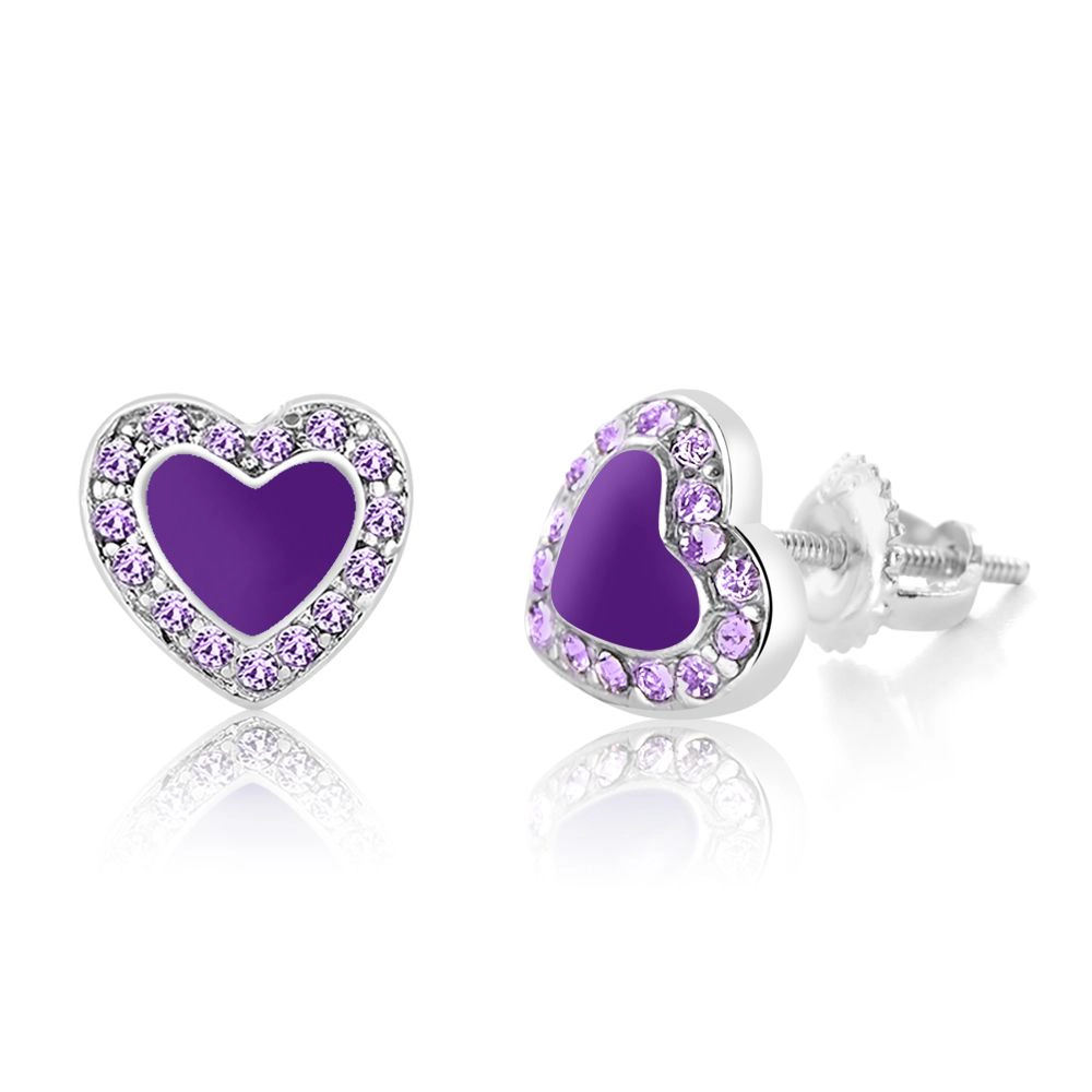 CHANTEUR Kids Heart Stud Earrings - Hypoallergenic Surgical Titanium Screwback, Silver-Plated with Purple Cubic Zirconia