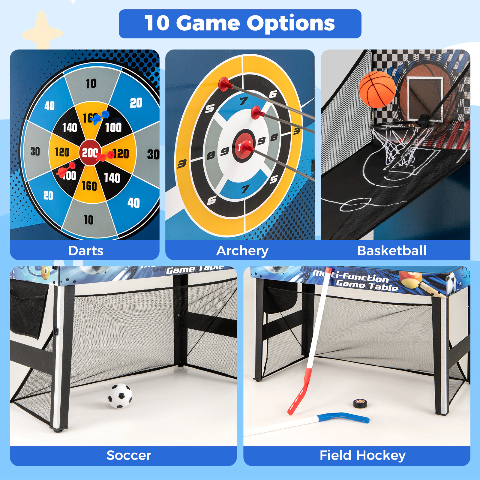 SUGIFT Blue 10-in-1 Combo Game Table Set with Basketball Archery and Billiards 48-in W 24-in D 62.5-in H
