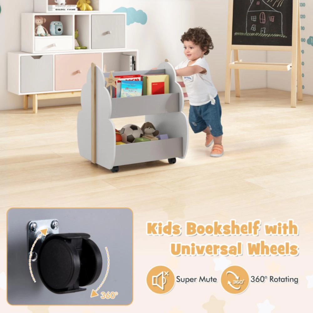 Hivvago Kids Wooden Bookshelf with Universal Wheels