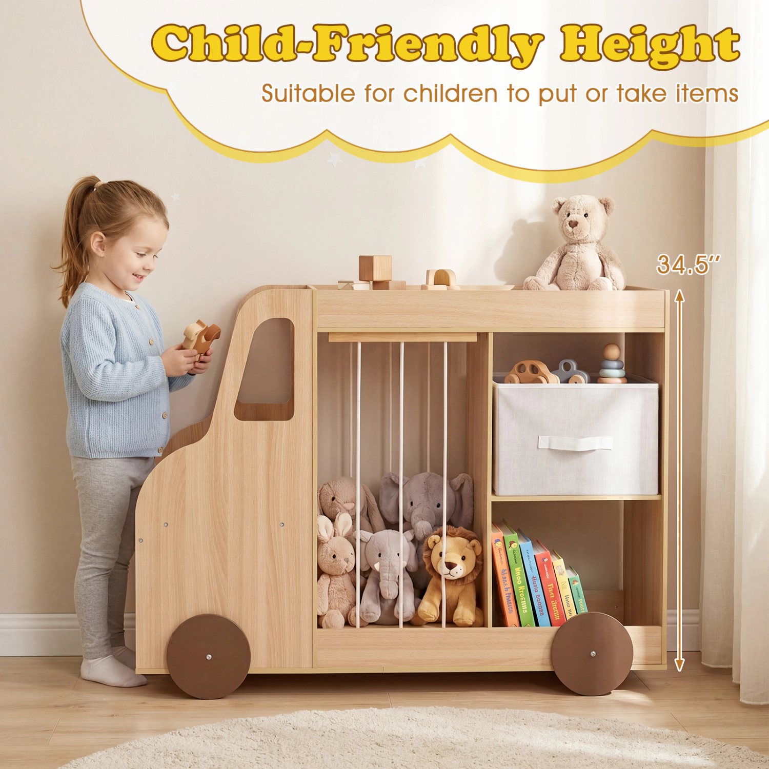 Hivvago Toy Storage Organizer with Stuffed Animal Fabric Drawer and Universal Wheels