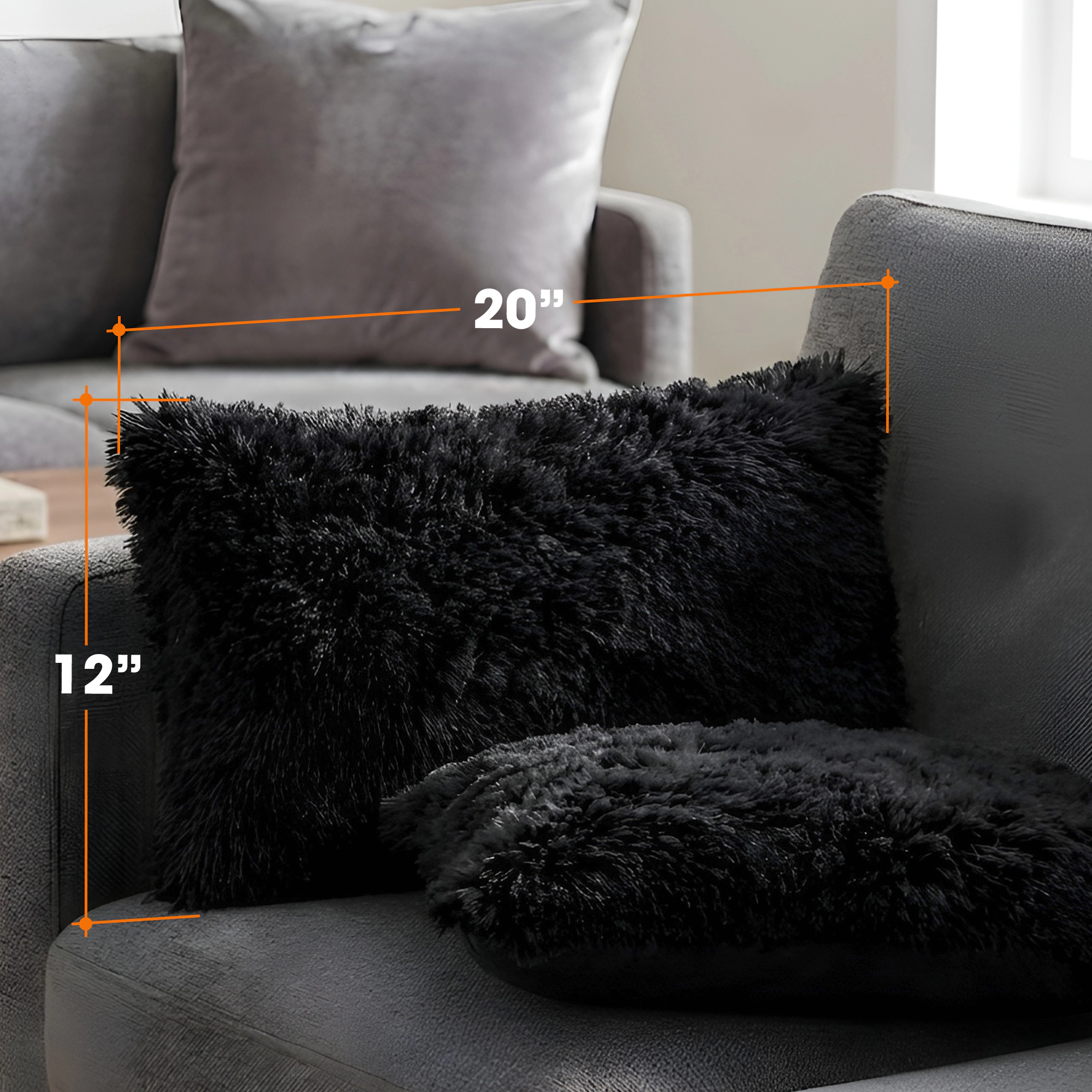 Cheer Collection 2 Pack 12 x 20 Inch All Around Shaggy Faux Fur Lumbar Pillows with Inserts