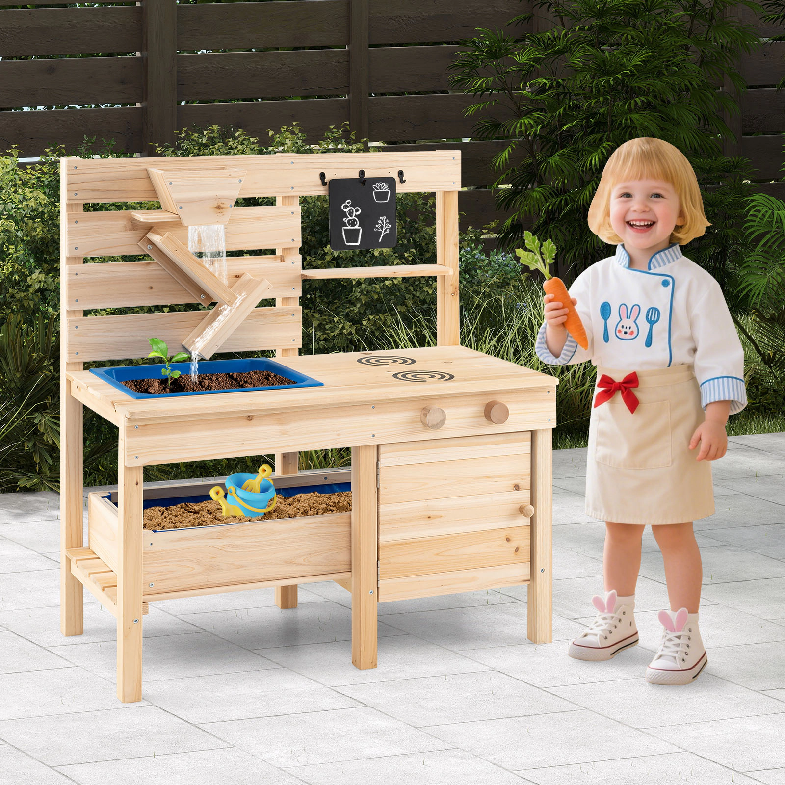Outdoor Play Kitchen Detachable Sandbox Removable Sink Sand Funnel 31-in Fir Wood Mud Kitchen Ages 3-8 Natural