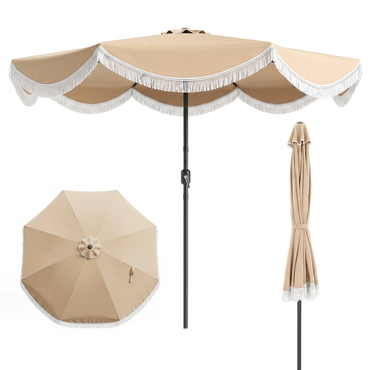 SlickBlue 9 FT Outdoor Patio Umbrella with Tassel Fringe and Tilt Canopy