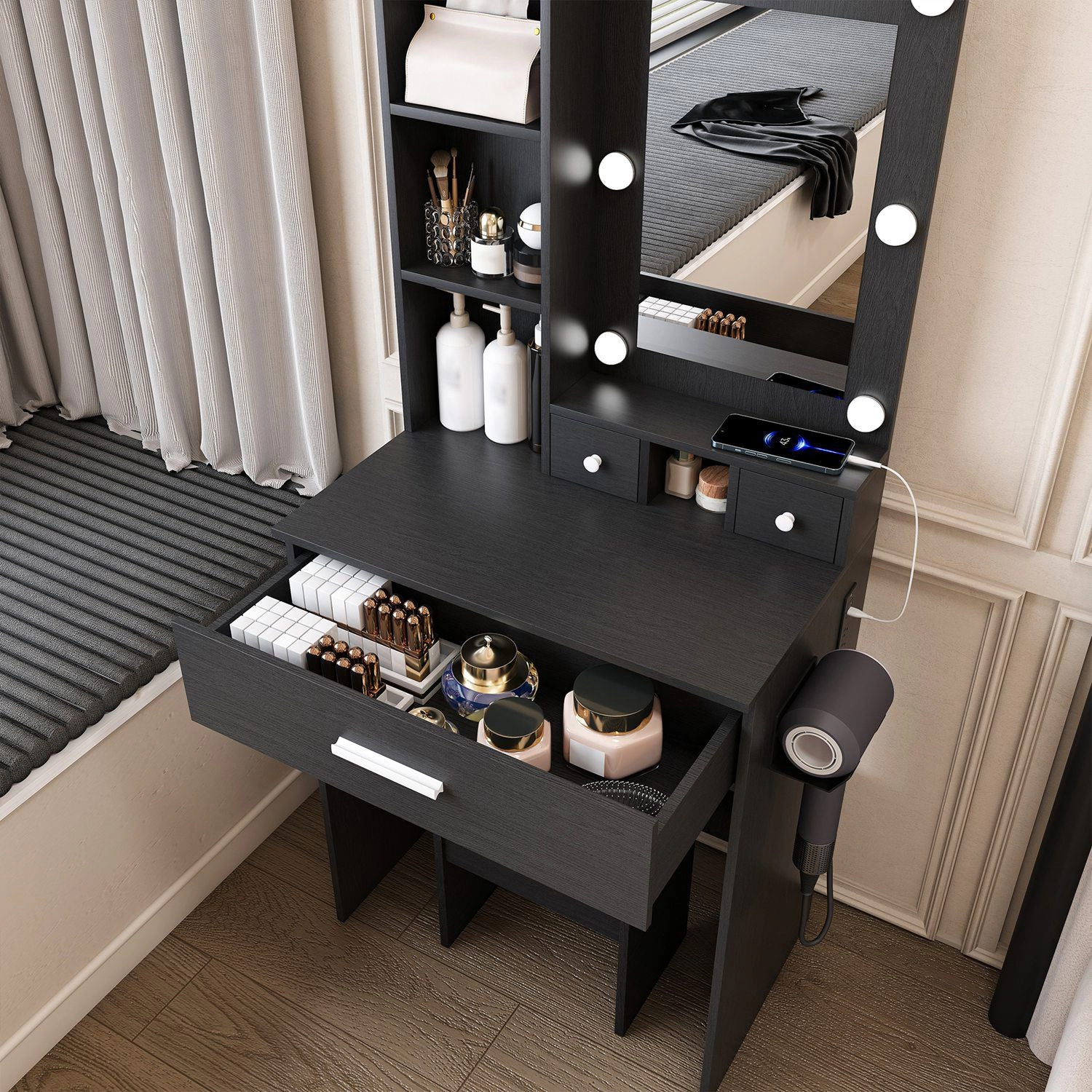 GBruno LED Lighted Vanity Desk Set With Padded Stool