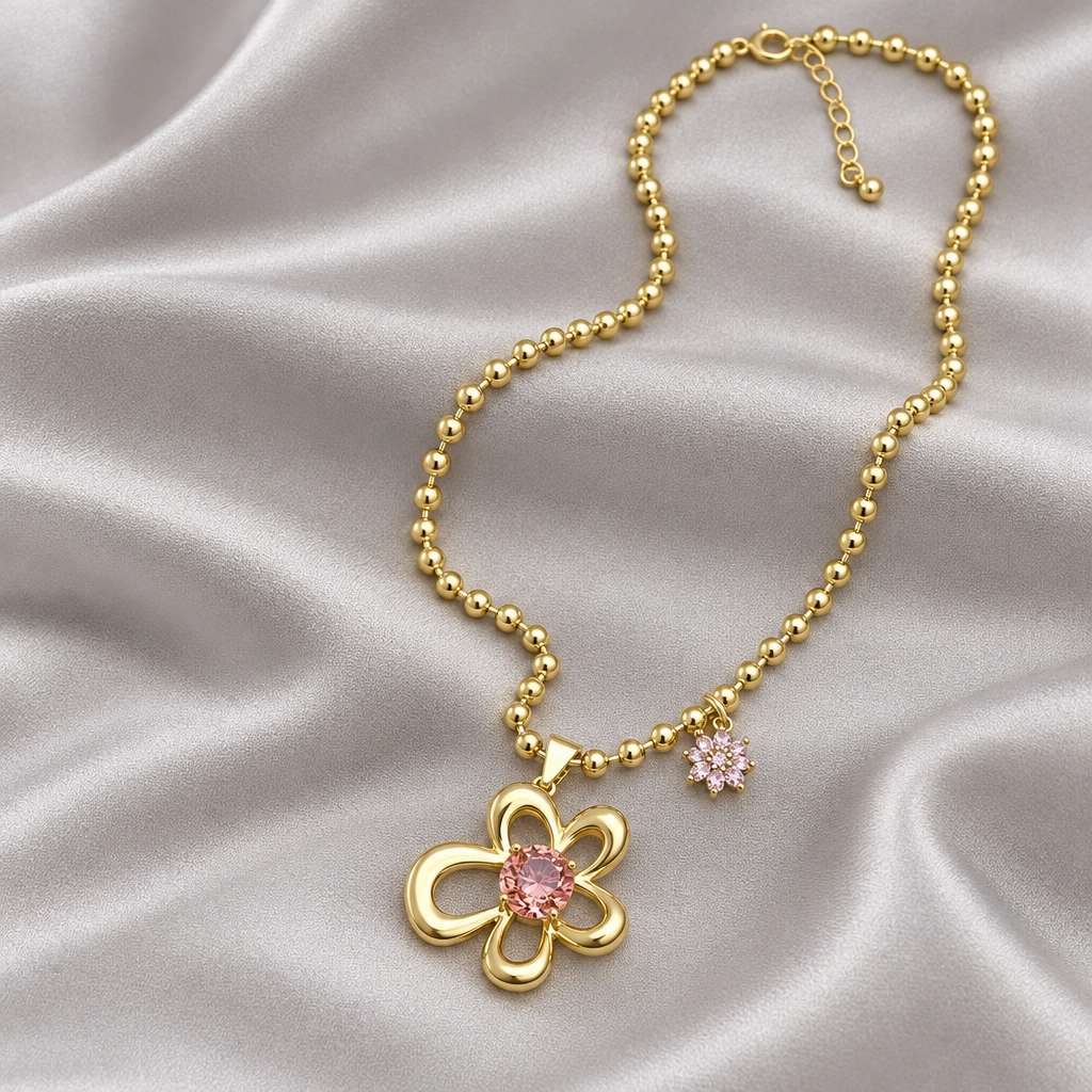DressAtR Women’s Pink Flower 18K Gold Plated Necklace