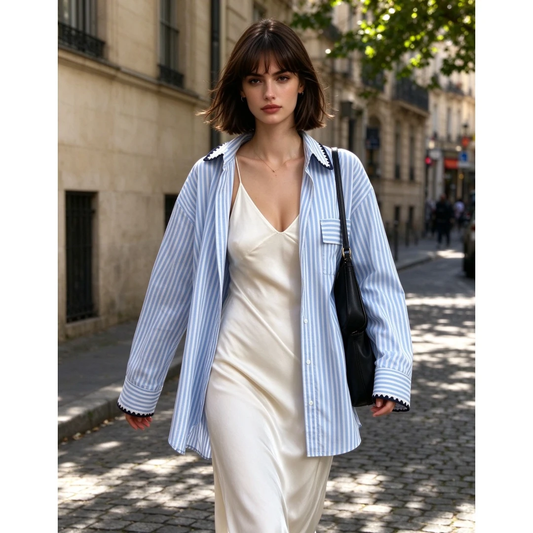 Coolmee Women's Striped Color Block Piping Loose Long Sleeve Shirt Jacket All Season