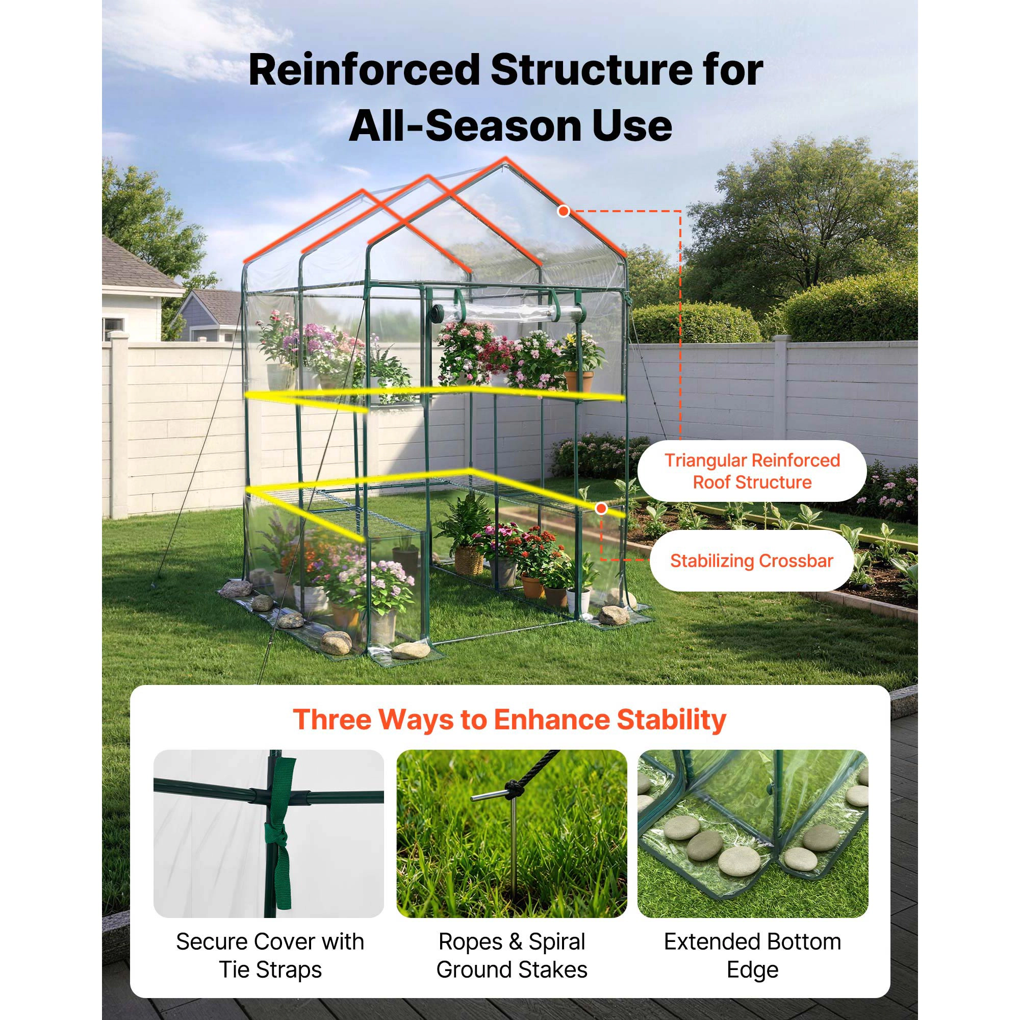 HONGGE Walk-In Greenhouse, 54 x 54 x 77.2 in, Steel Frame with 10 Shelves & Clear PVC Cover for Outdoor Gardening