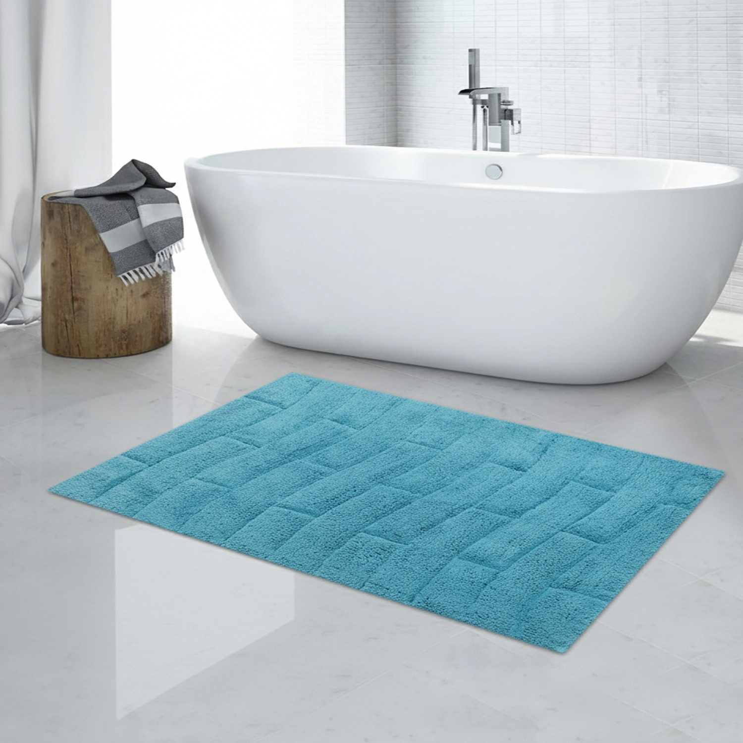 Knightsbridge Stylish And Comfortable All Season Traditional New Tile Design Cotton Bath Rug 17" X 24" Aqua