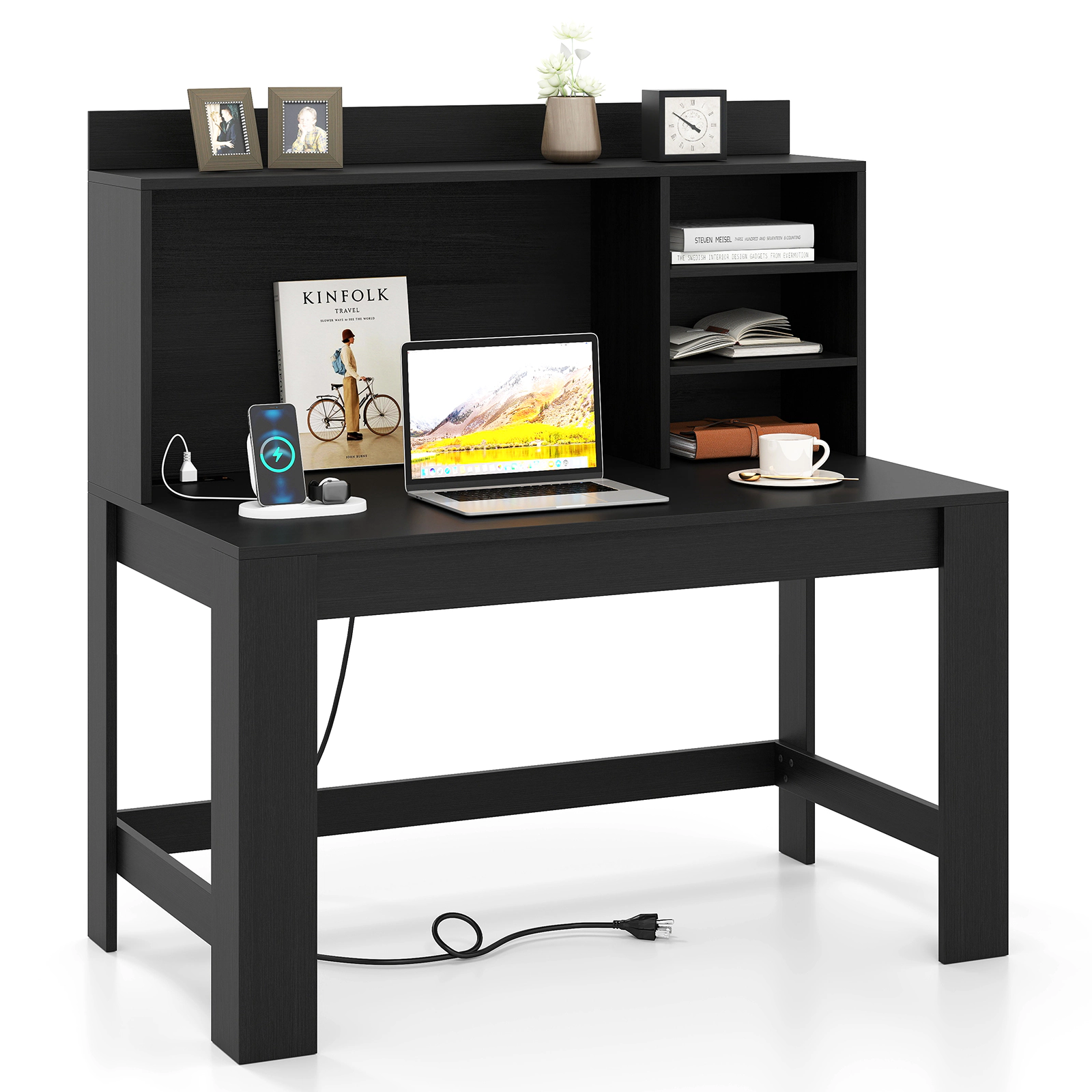 SUGIFT Black Hutch Storage Shelves and Charging Station 42.5 Inch Computer Desk