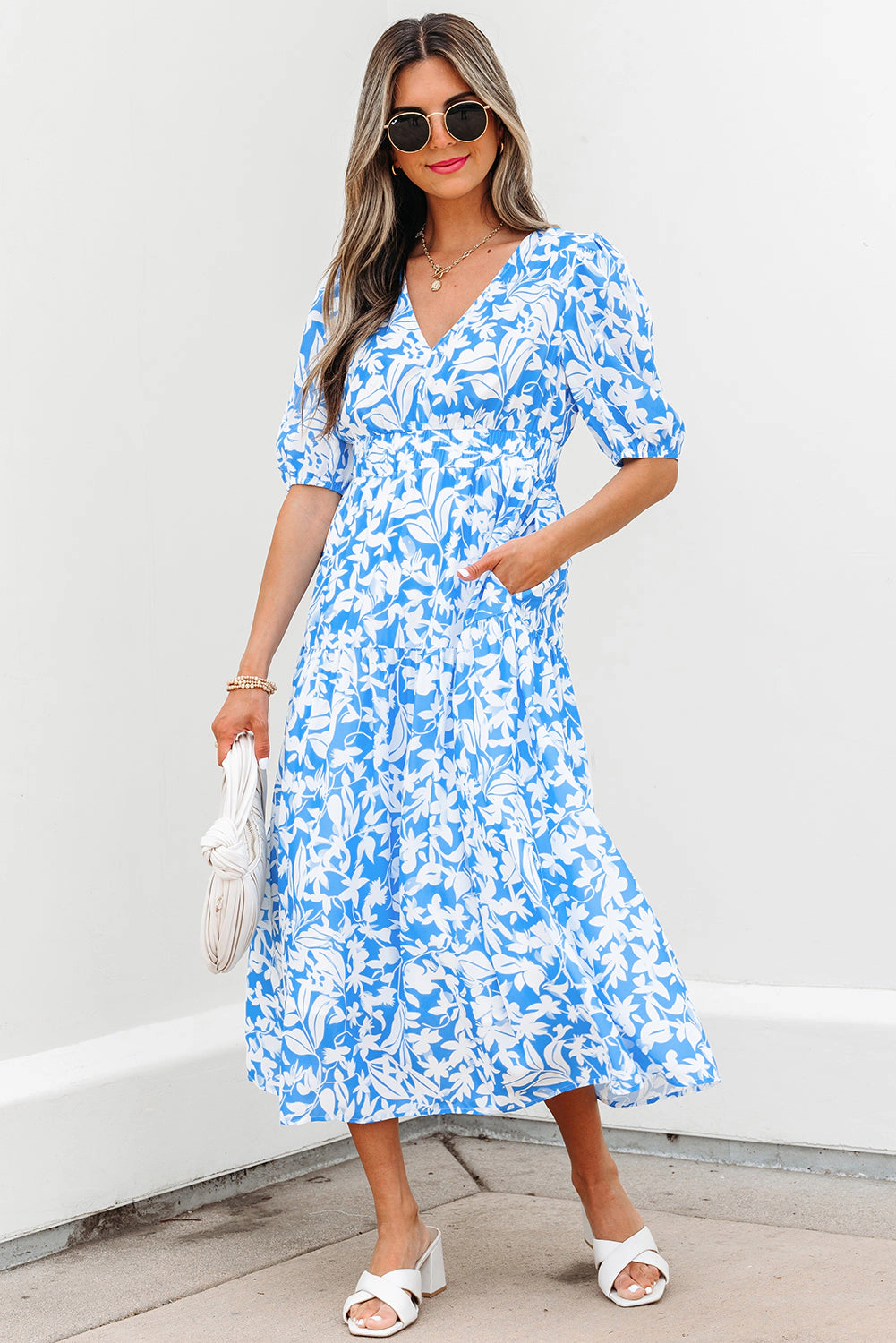 Threaded Pear Women's Shannon Floral V Neck Long Dress