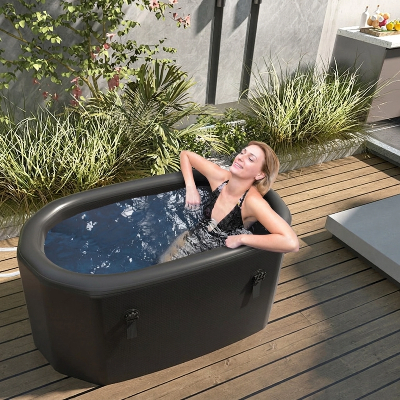 SUGIFT XL 129 Gal Oval Ice Bath Tub with Cover and Hand Pump 800-lb Capacity 51-in PVC Body Black/Gray