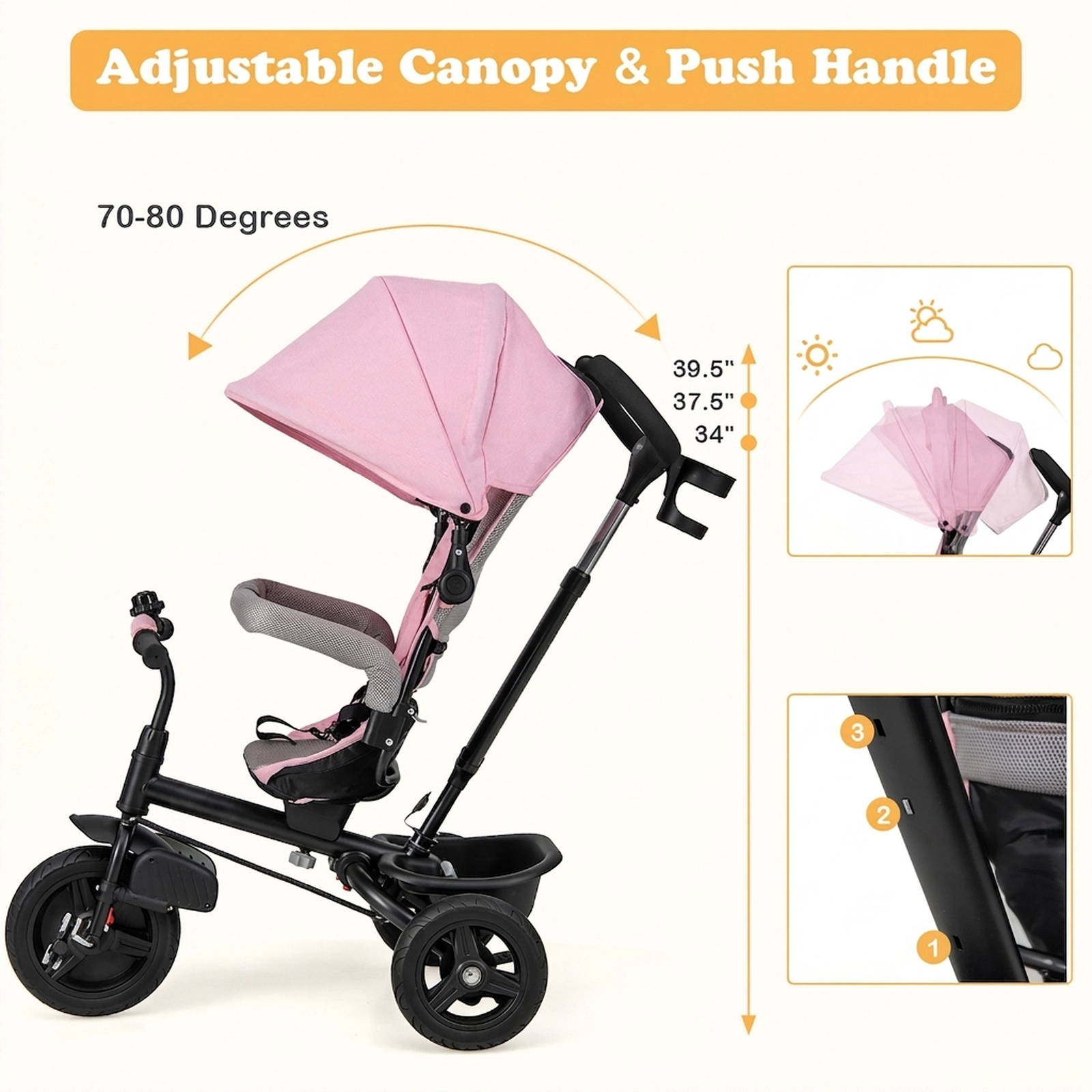 SUGIFT Toddler Pink 4-in-1 Tricycle with Reversible Seat and 5-Point Harness 30-in W 38-in H 55-lb Seat Capacity